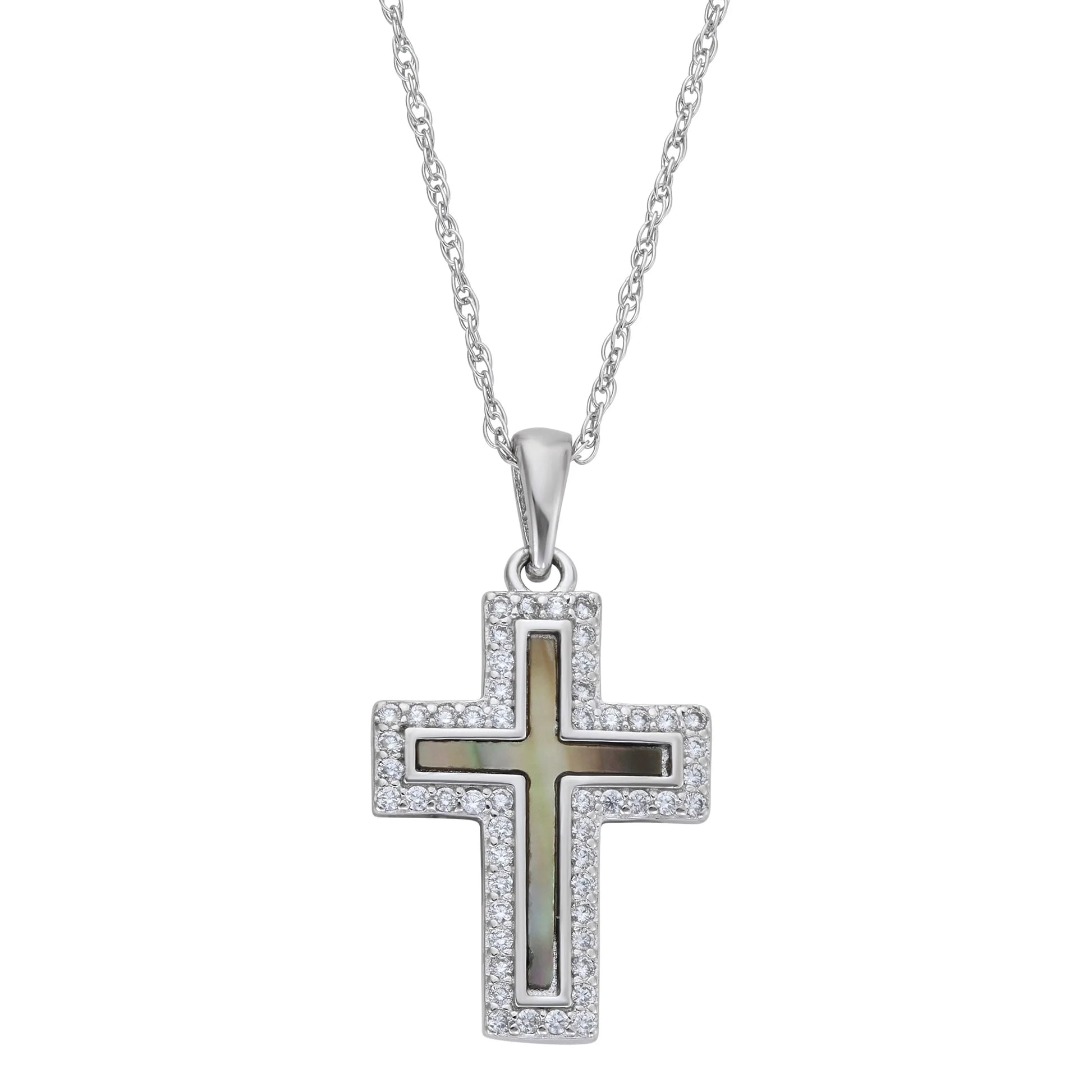 Simulated Diamonds & Mother of Pearl Cross Pendant in Sterling Silver