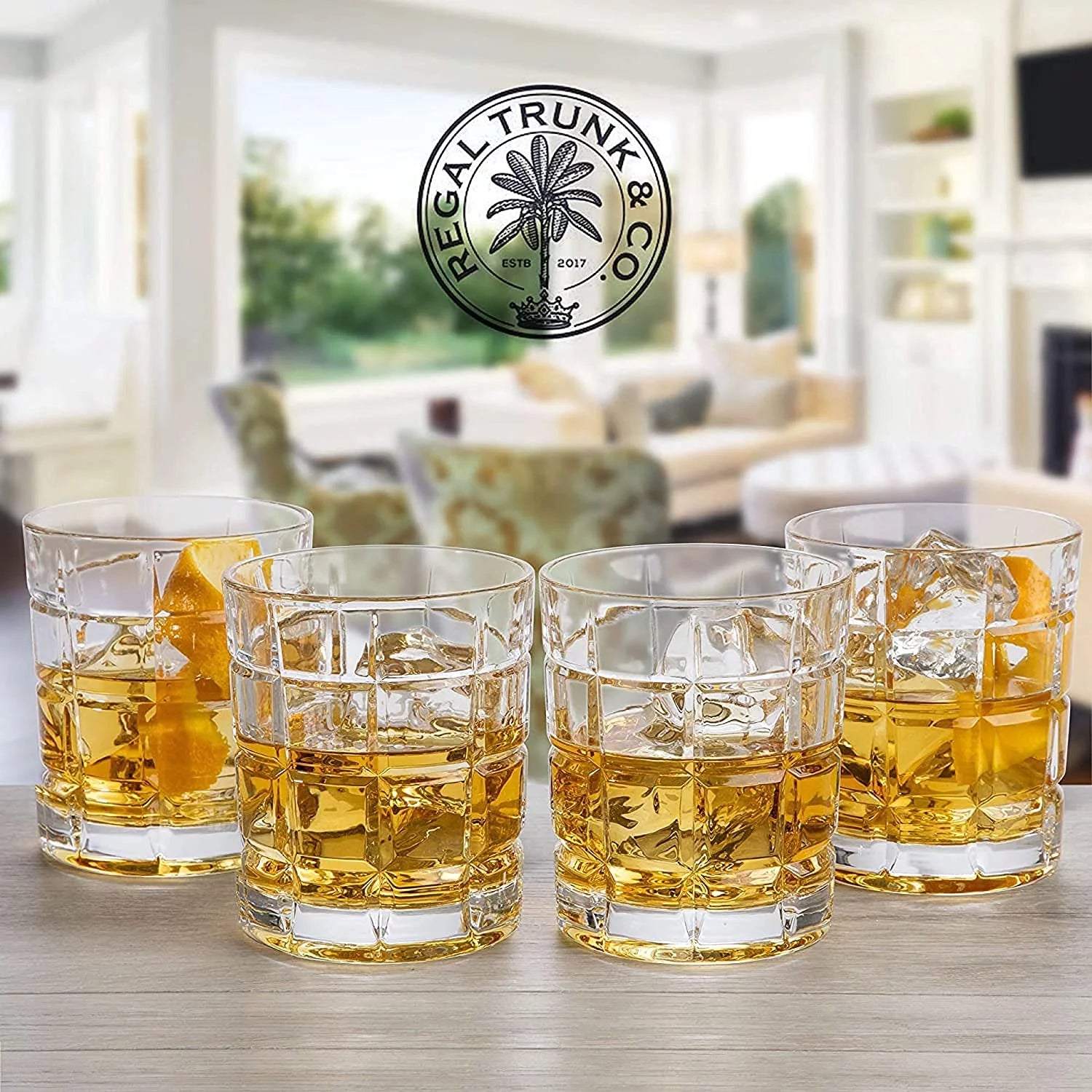 Regal Trunk & Co Whiskey Decanter Set, 4 Engraved Tumblers, Crystal, Gift Box, Polishing Cloth