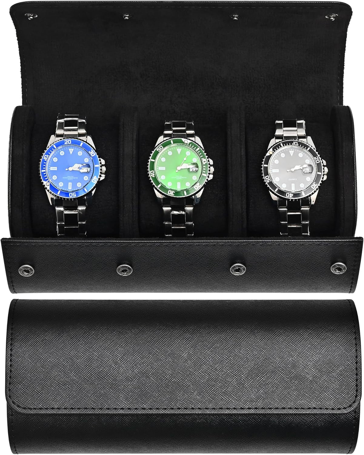 Watch Roll Travel Case for 3 Watch, Watch Case for Men and Women, Luxury Leather Portable Watch Case Roll Organizer for Home Storage, Travel and Display with WHITE BOX (Black, 3 Slot)