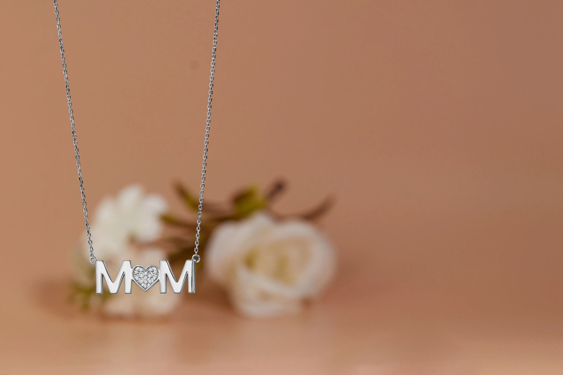 MOM Pendant Necklace - Moissanite - April Birthstone in 18K White Gold over Silver
