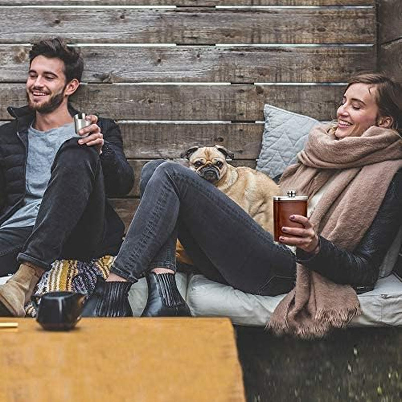 8Oz Hip Flask for Men - 304(18/8) Stainless Steel Bourbon Whiskey Flask, Leakproof with Brown Leather Wrap - Includes Funnel & 3 Mini Cups for Dad, Gifts, Travel