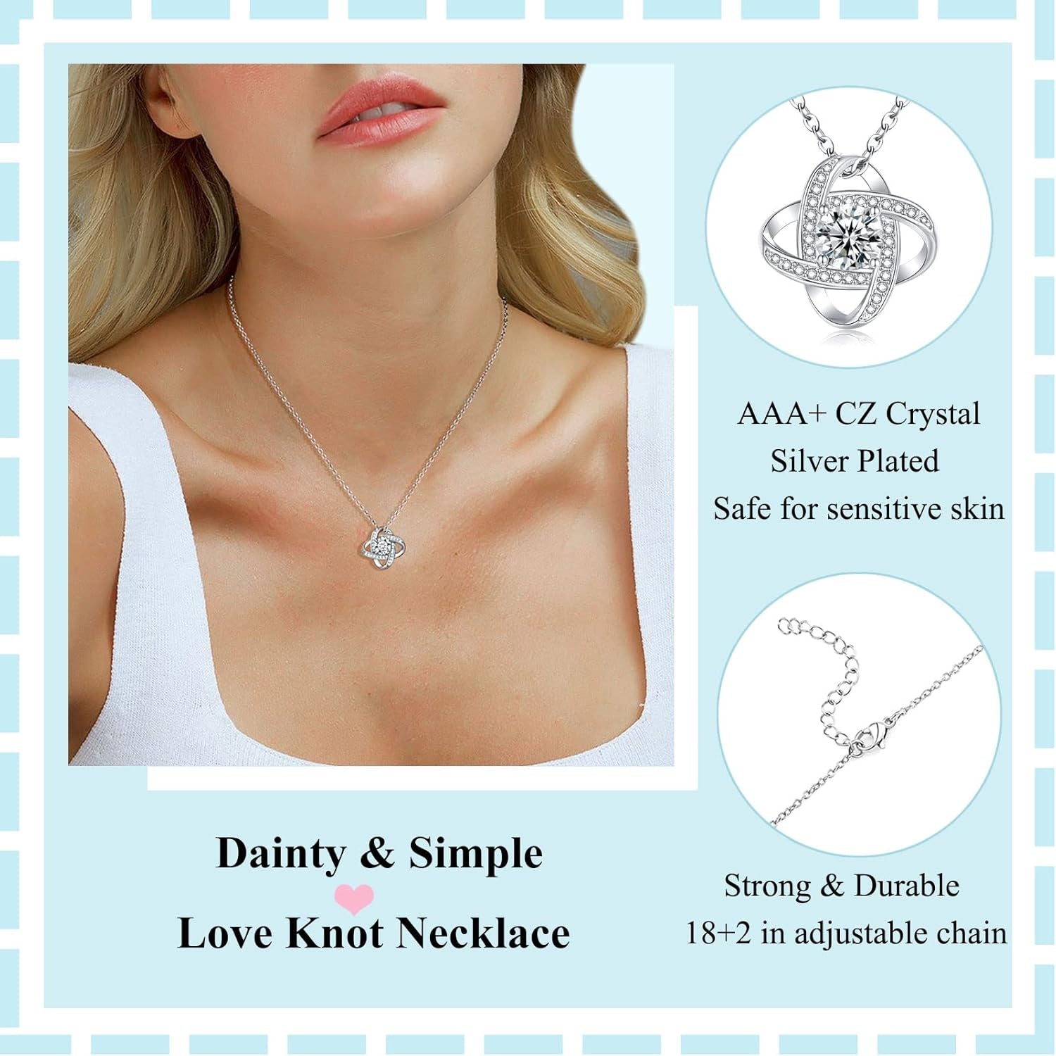Silver Love Knot Necklace for Women, Mothers Day Wedding Valentines Christmas Birthday Gifts