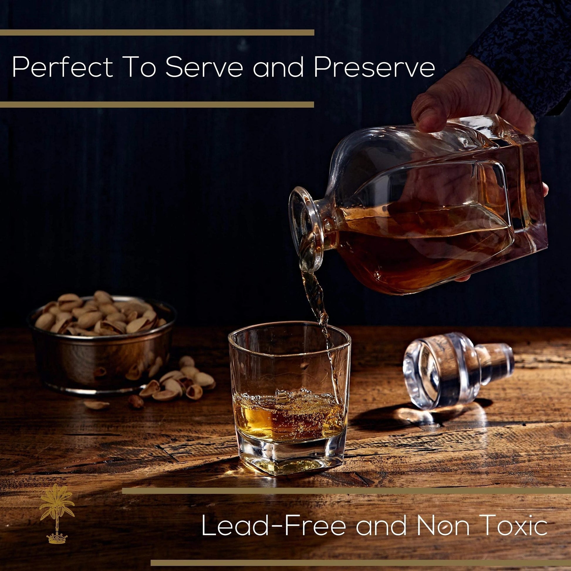 Regal Trunk & Co Whiskey Decanter Set, 4 Engraved Tumblers, Crystal, Gift Box, Polishing Cloth