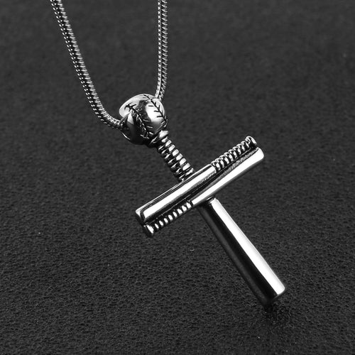 Baseball Cross Sports Pendant Stainless Steel Baseball Bat Cross Necklace, Large and Small