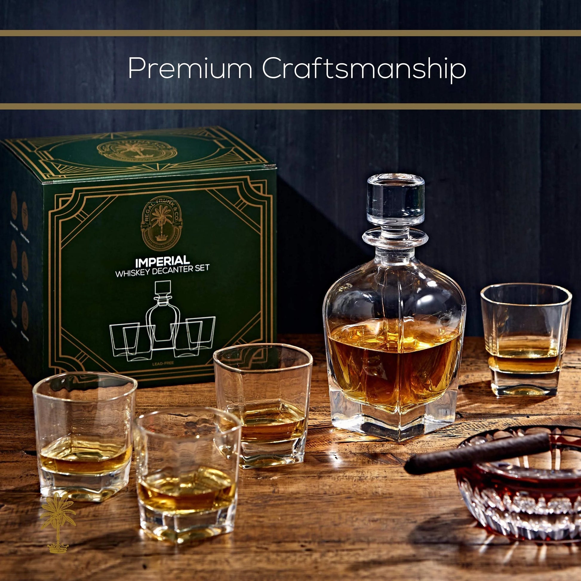 Regal Trunk & Co Whiskey Decanter Set, 4 Engraved Tumblers, Crystal, Gift Box, Polishing Cloth