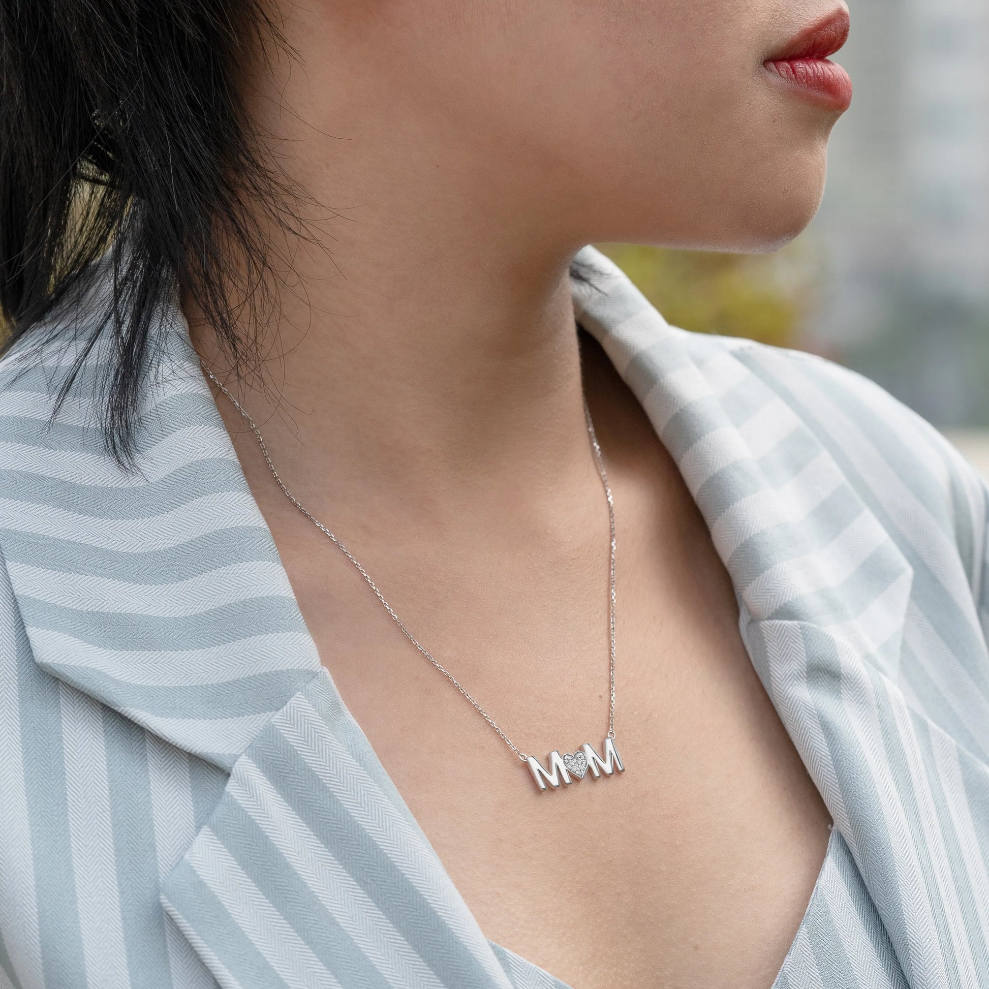 MOM Pendant Necklace - Moissanite - April Birthstone in 18K White Gold over Silver