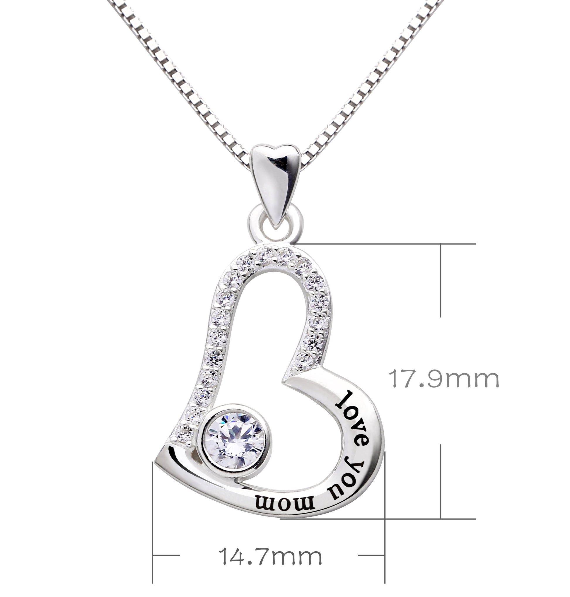 Jewelry Sterling Silver Love You Mom Love Heart Cubic Zirconia Mother Pendant Necklace