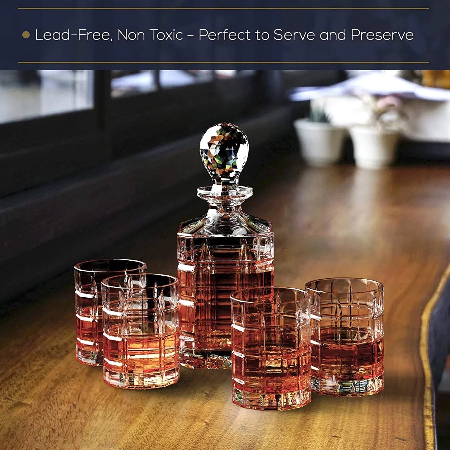 Regal Trunk & Co Whiskey Decanter Set, 4 Engraved Tumblers, Crystal, Gift Box, Polishing Cloth