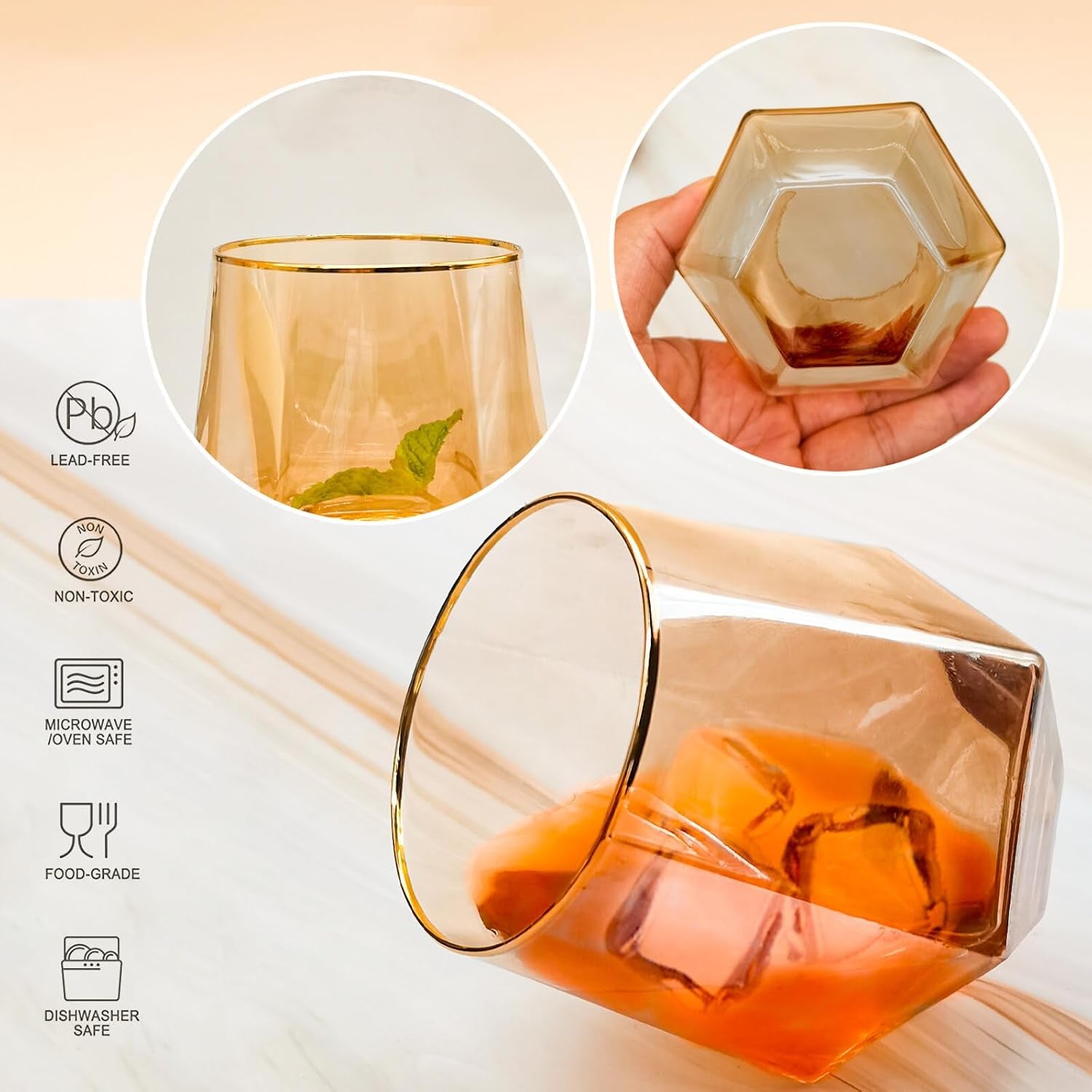 Stemless Wine Glass Set of 4, Hexagonal Crystal Glassware, Old Fashion Diamond Whiskey Glasses for Wine, Cocktails and Rum, Birthday Gifts, Christmas Gifts and Father'S Day Gifts.(Amber)