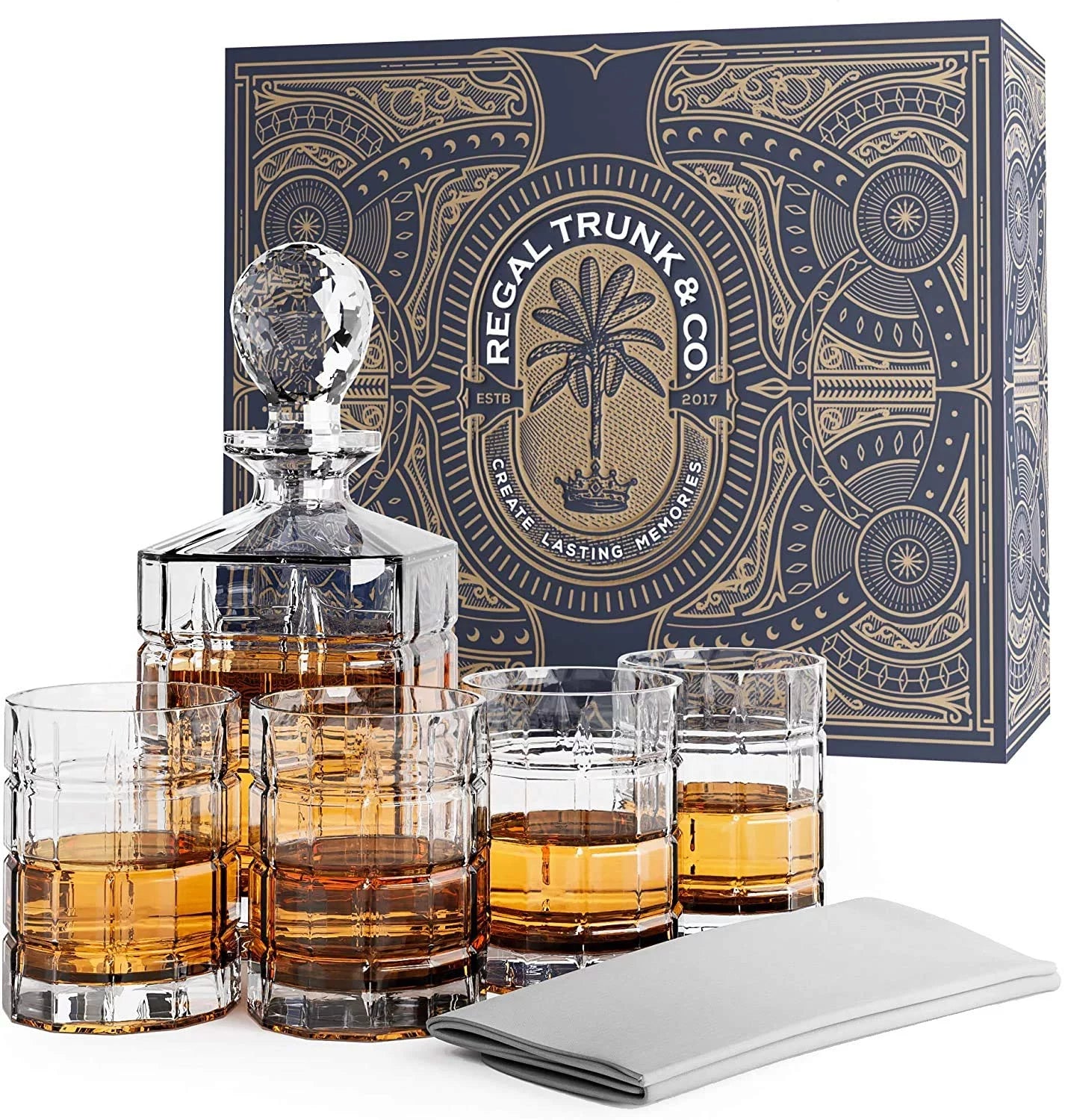 Regal Trunk & Co Whiskey Decanter Set, 4 Engraved Tumblers, Crystal, Gift Box, Polishing Cloth