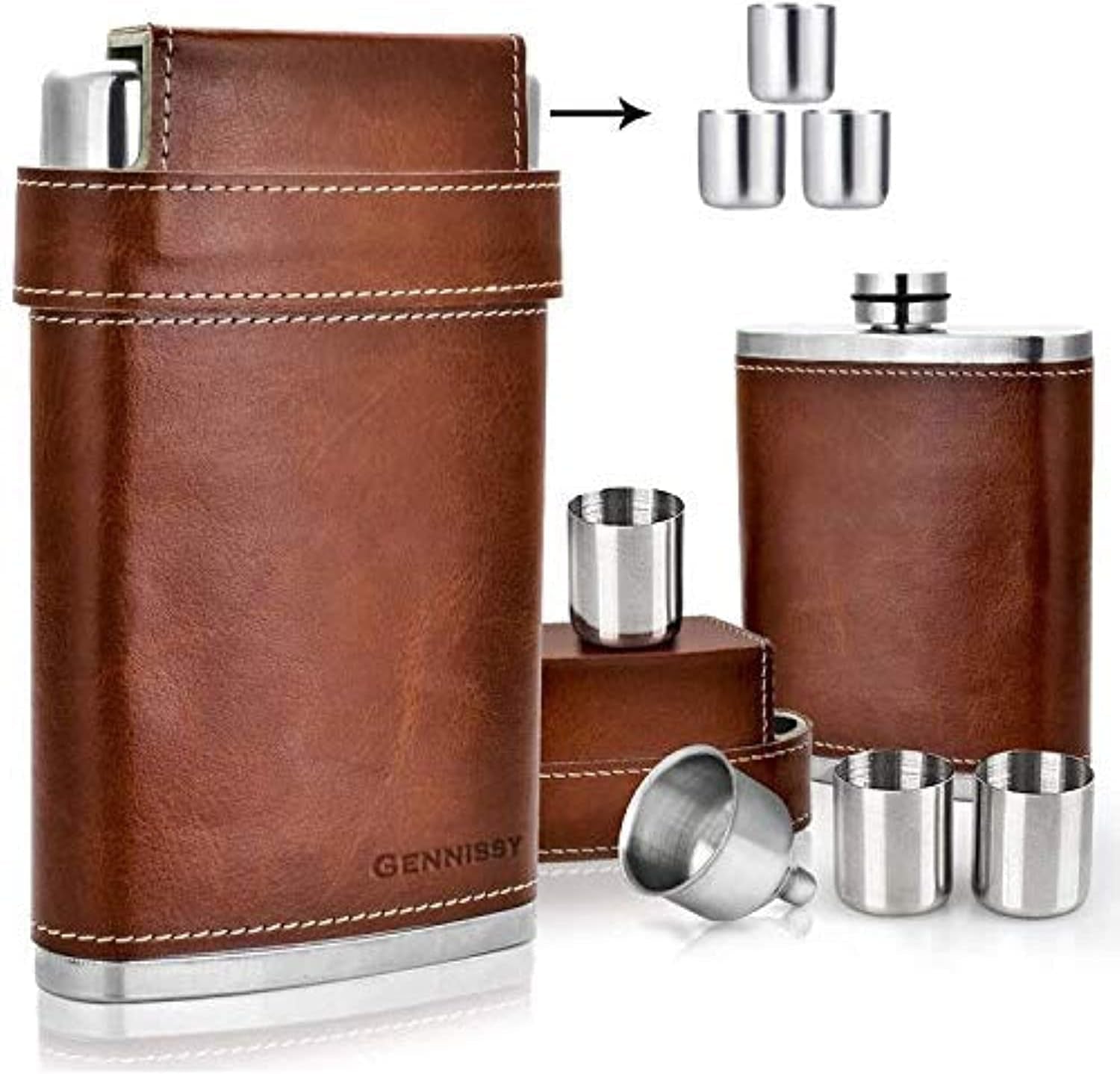 8Oz Hip Flask for Men - 304(18/8) Stainless Steel Bourbon Whiskey Flask, Leakproof with Brown Leather Wrap - Includes Funnel & 3 Mini Cups for Dad, Gifts, Travel