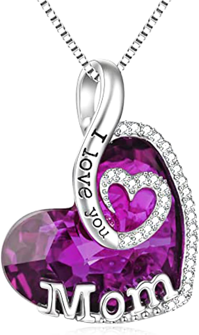Gift for Mom Sterling Silver I Love You Mom Jewelry with Heart Crystal Birthday Gifts for Mom from Son Daughter