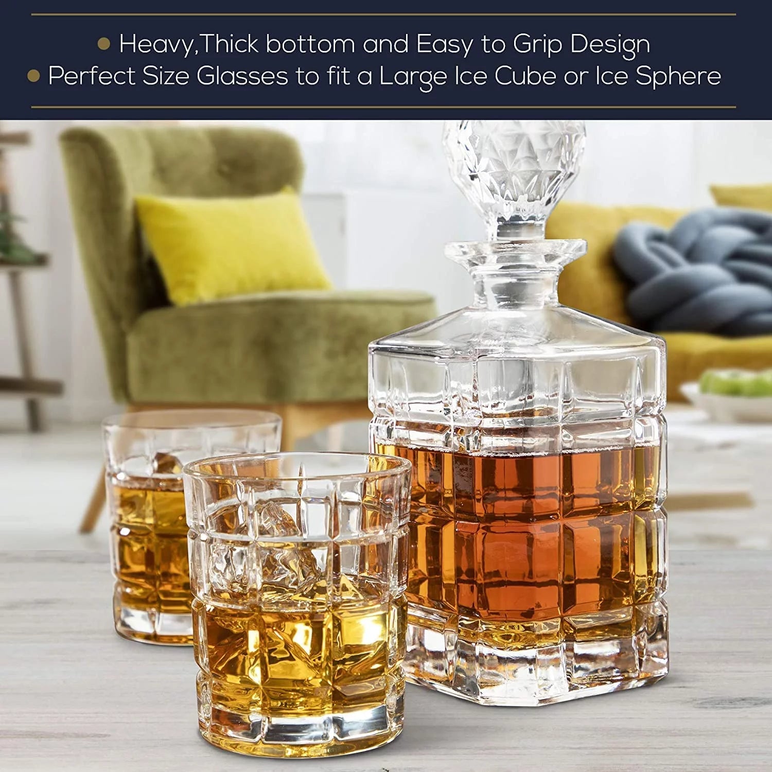 Regal Trunk & Co Whiskey Decanter Set, 4 Engraved Tumblers, Crystal, Gift Box, Polishing Cloth