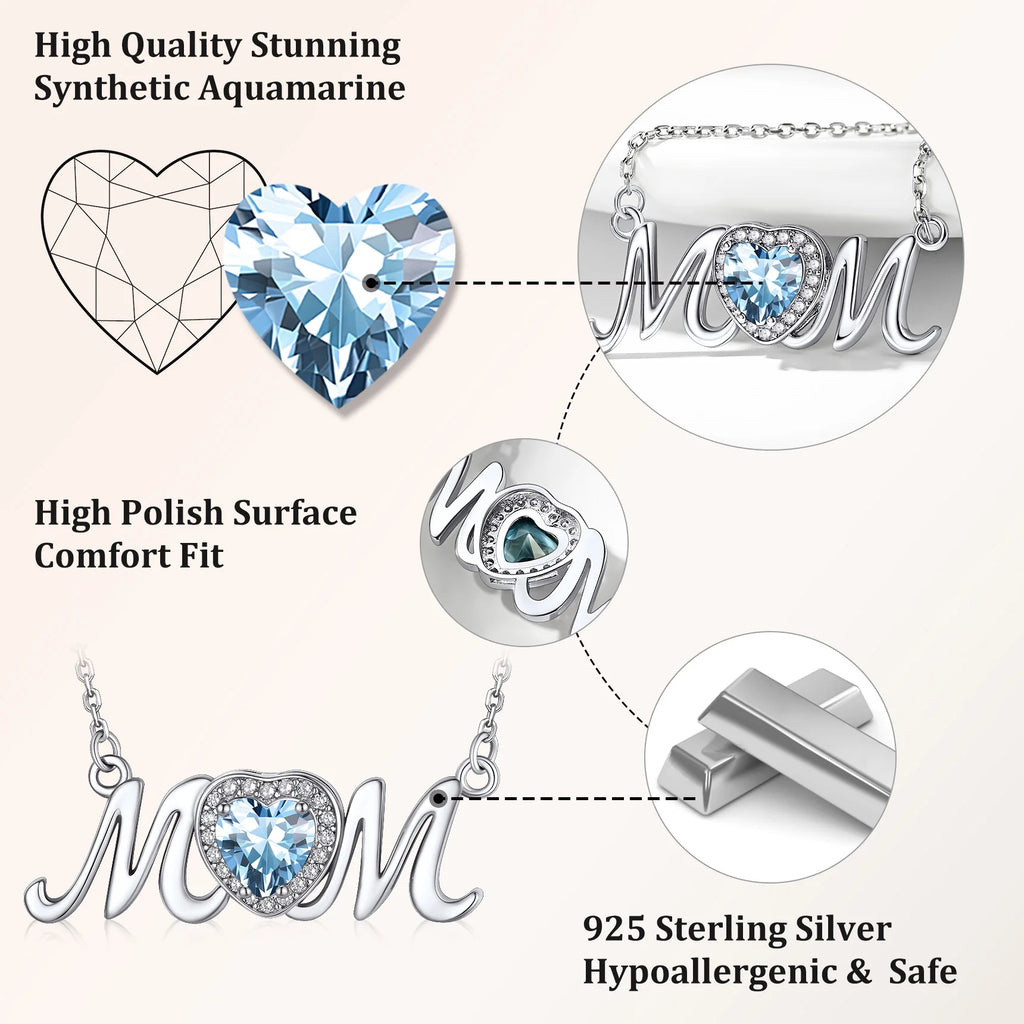 S925 Sterling Silver Necklace for Mom Grandma Shiny CZ Heart Pendant Necklace March Created Aquamarine Birthstone Jewelry Mother'S Day Gift