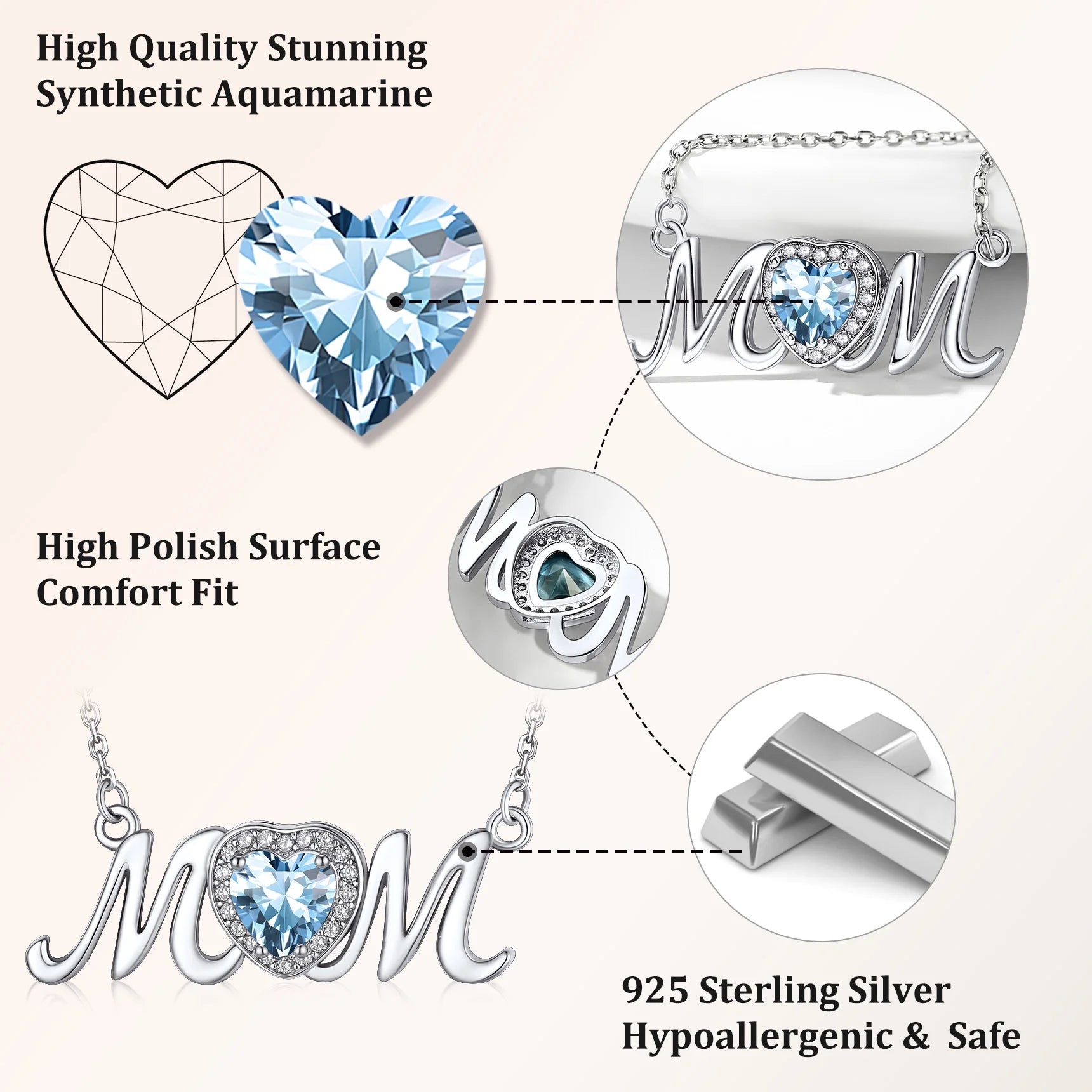 S925 Sterling Silver Necklace for Mom Grandma Shiny CZ Heart Pendant Necklace March Created Aquamarine Birthstone Jewelry Mother'S Day Gift