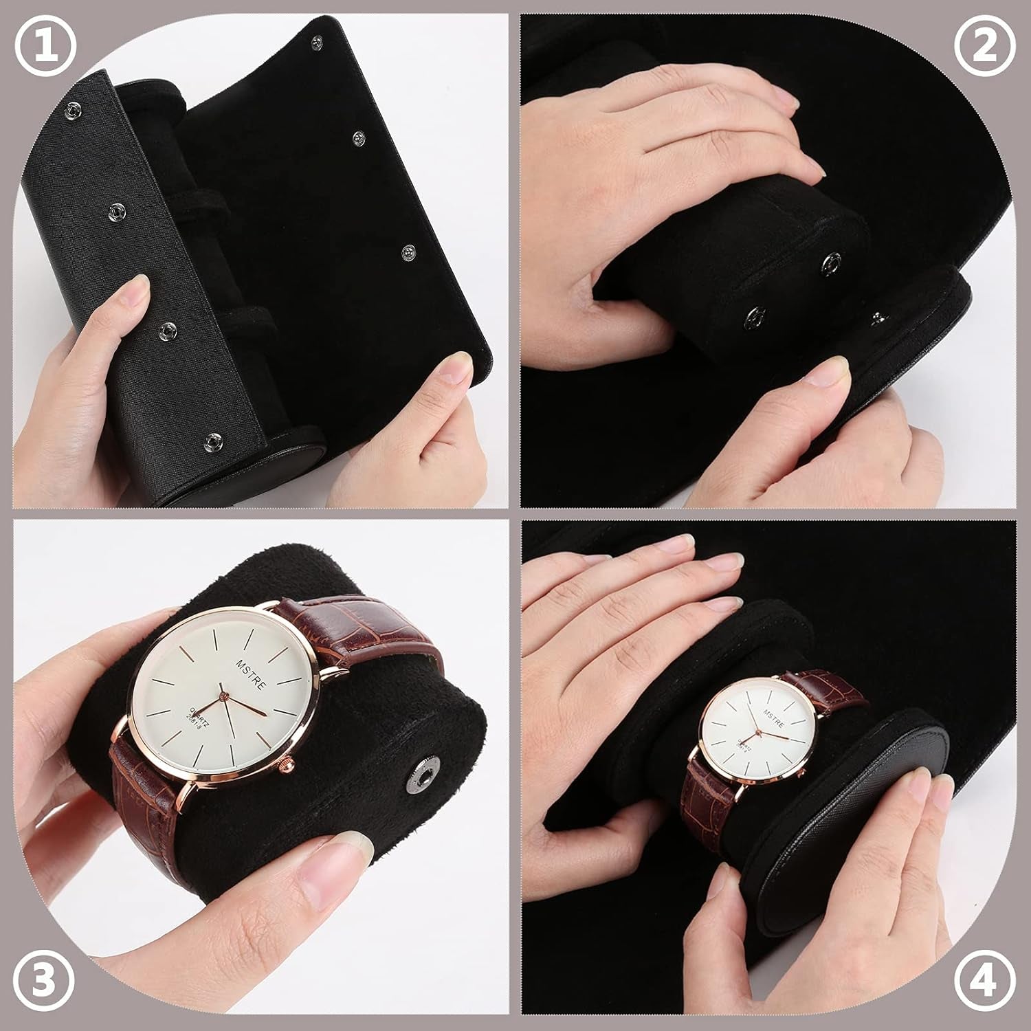 Watch Roll Travel Case for 3 Watch, Watch Case for Men and Women, Luxury Leather Portable Watch Case Roll Organizer for Home Storage, Travel and Display with WHITE BOX (Black, 3 Slot)