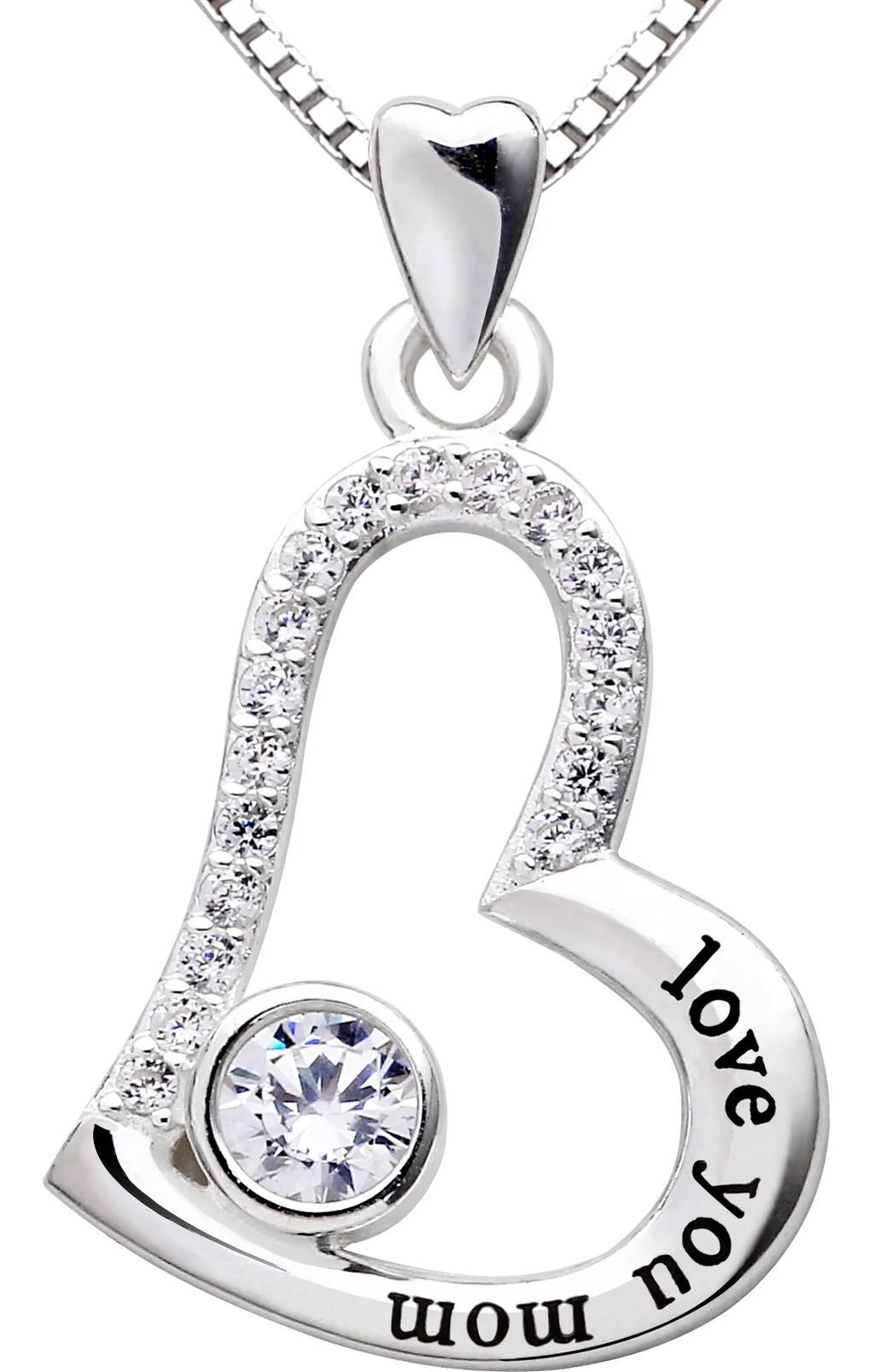 Jewelry Sterling Silver Love You Mom Love Heart Cubic Zirconia Mother Pendant Necklace