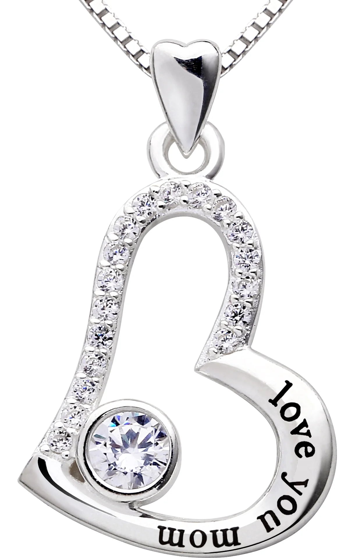 Jewelry Sterling Silver Love You Mom Love Heart Cubic Zirconia Mother Pendant Necklace