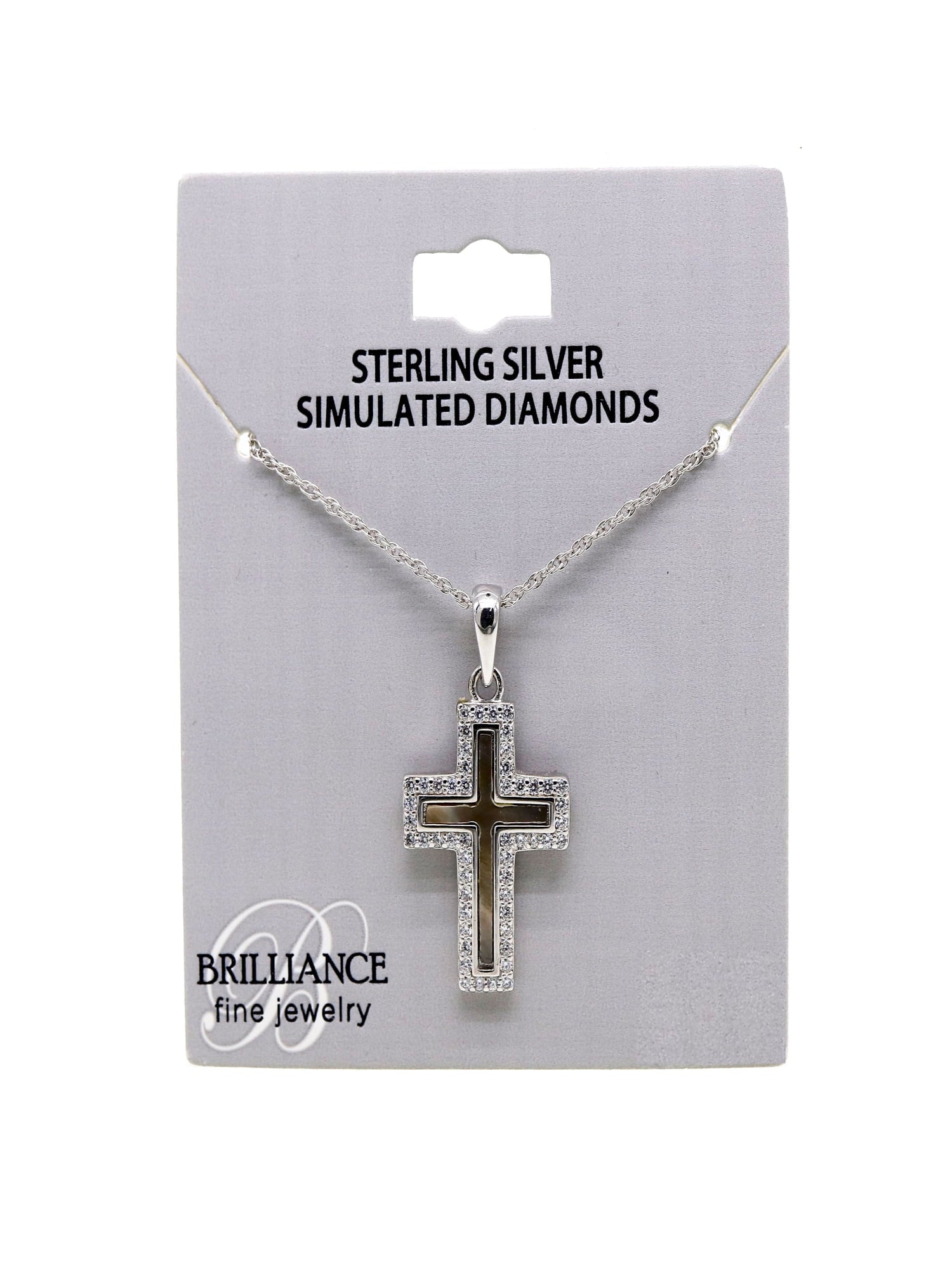 Simulated Diamonds & Mother of Pearl Cross Pendant in Sterling Silver