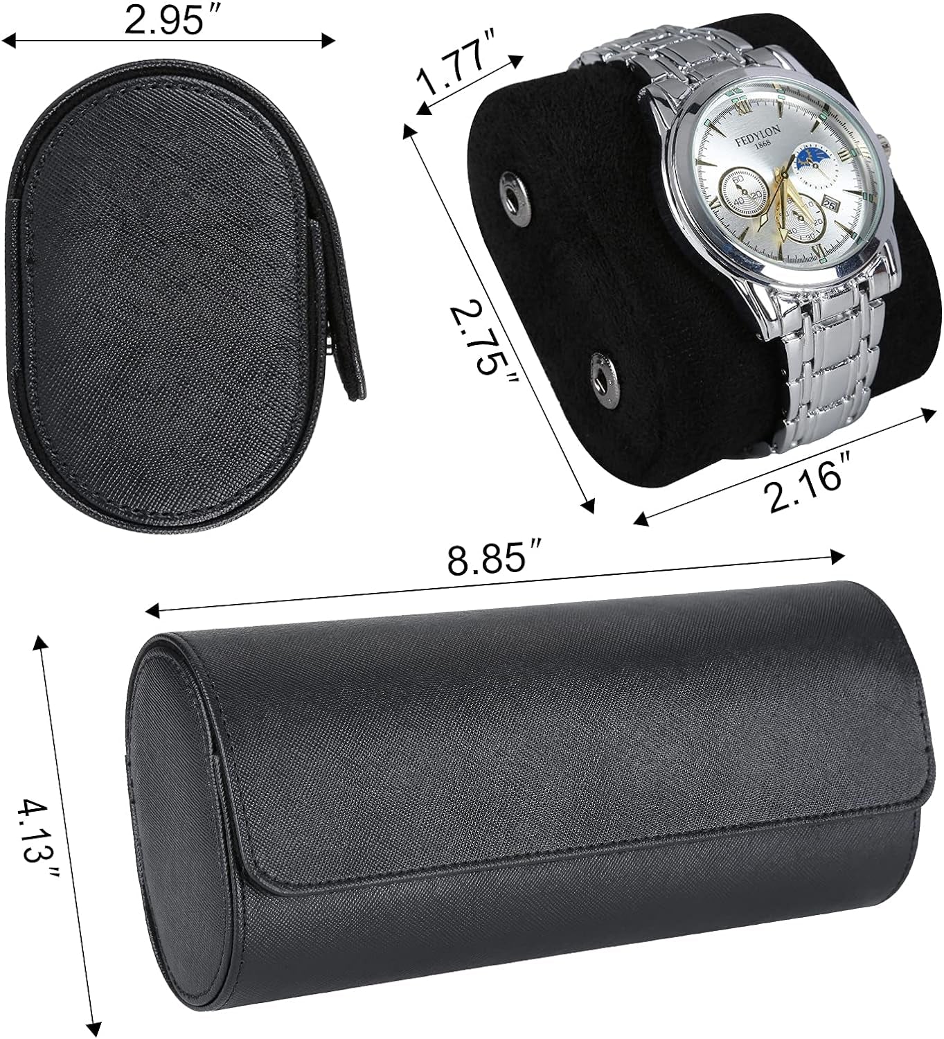 Watch Roll Travel Case for 3 Watch, Watch Case for Men and Women, Luxury Leather Portable Watch Case Roll Organizer for Home Storage, Travel and Display with WHITE BOX (Black, 3 Slot)