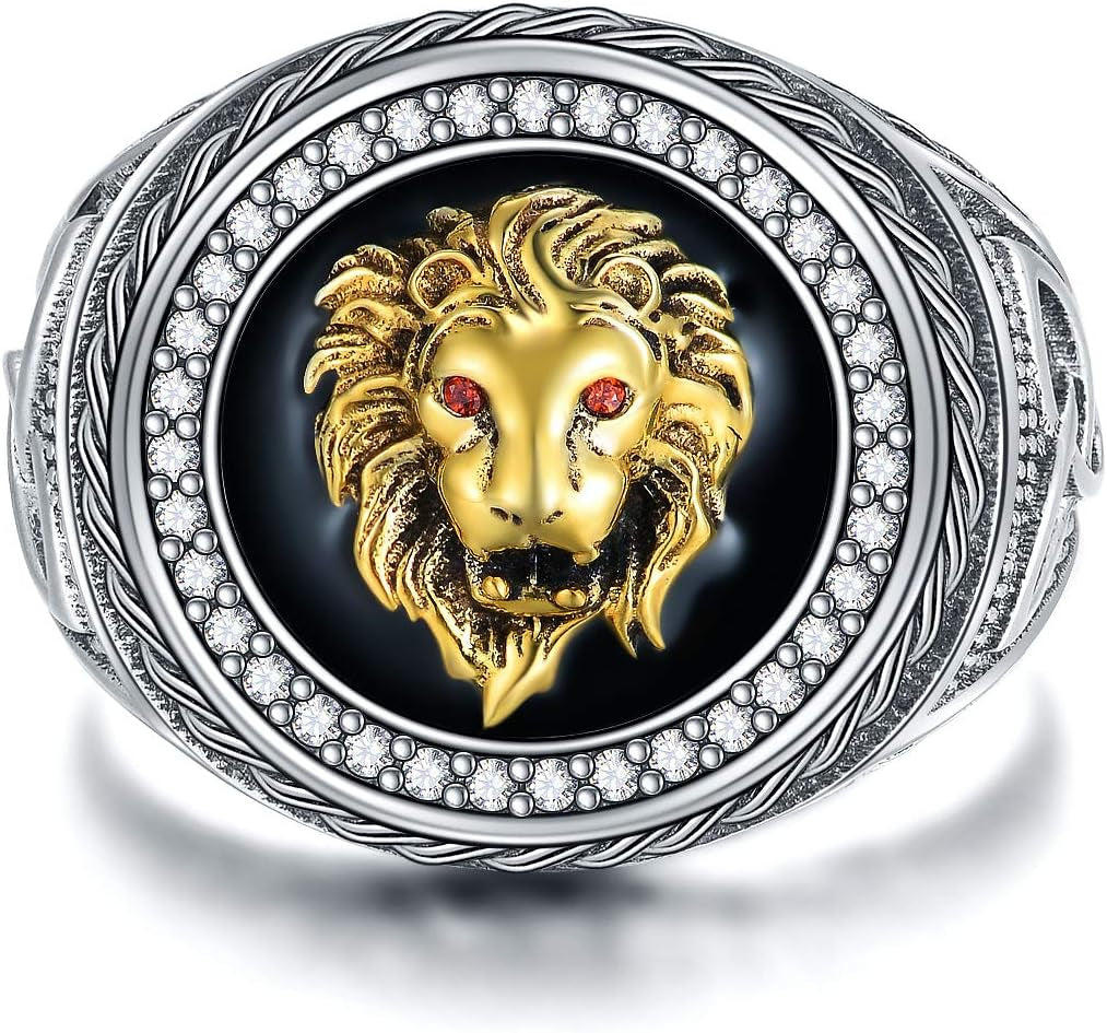 Animal Kingdom the King Lion Head Ring, 925 Sterling Silver Men Lion Rock Ring Gift for Men Father Friend