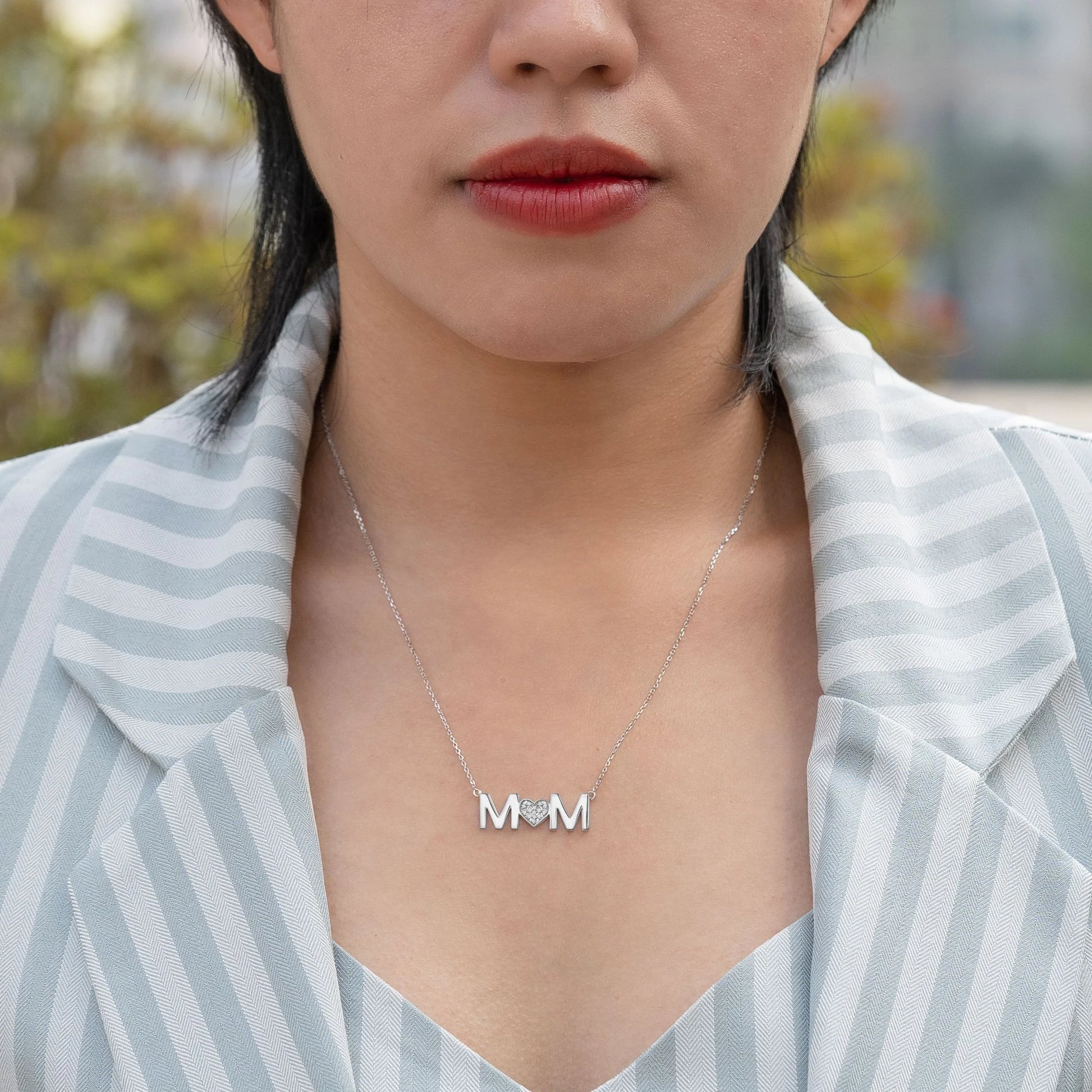 MOM Pendant Necklace - Moissanite - April Birthstone in 18K White Gold over Silver