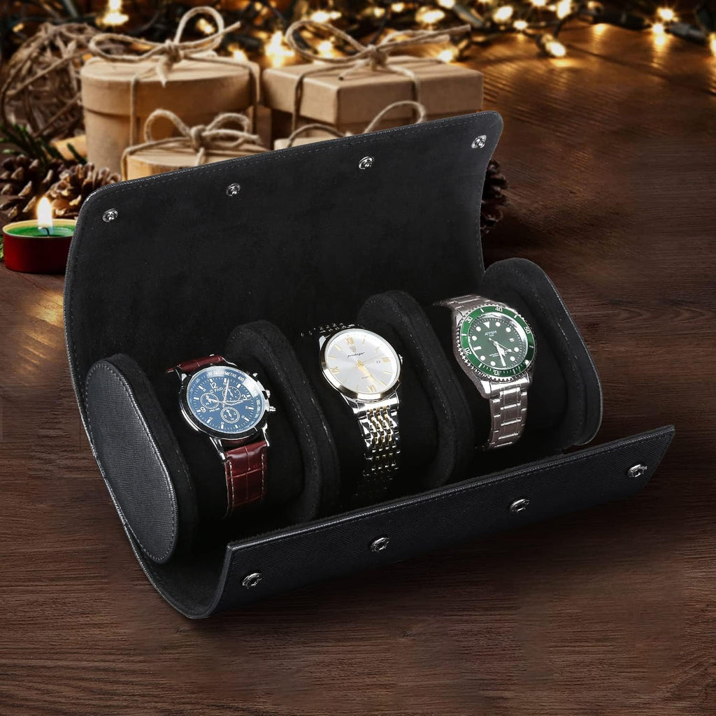 Watch Roll Travel Case for 3 Watch, Watch Case for Men and Women, Luxury Leather Portable Watch Case Roll Organizer for Home Storage, Travel and Display with WHITE BOX (Black, 3 Slot)