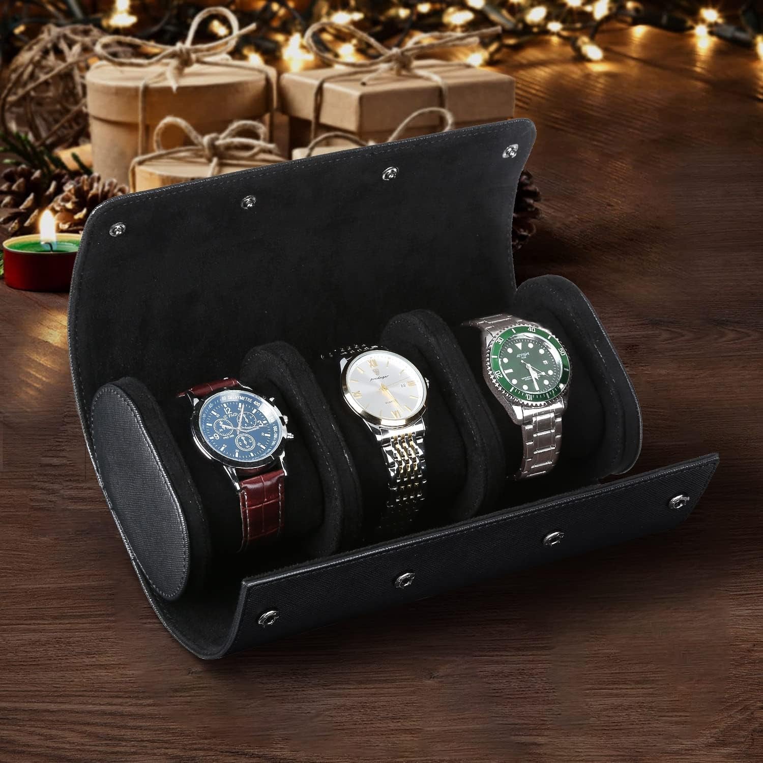 Watch Roll Travel Case for 3 Watch, Watch Case for Men and Women, Luxury Leather Portable Watch Case Roll Organizer for Home Storage, Travel and Display with WHITE BOX (Black, 3 Slot)