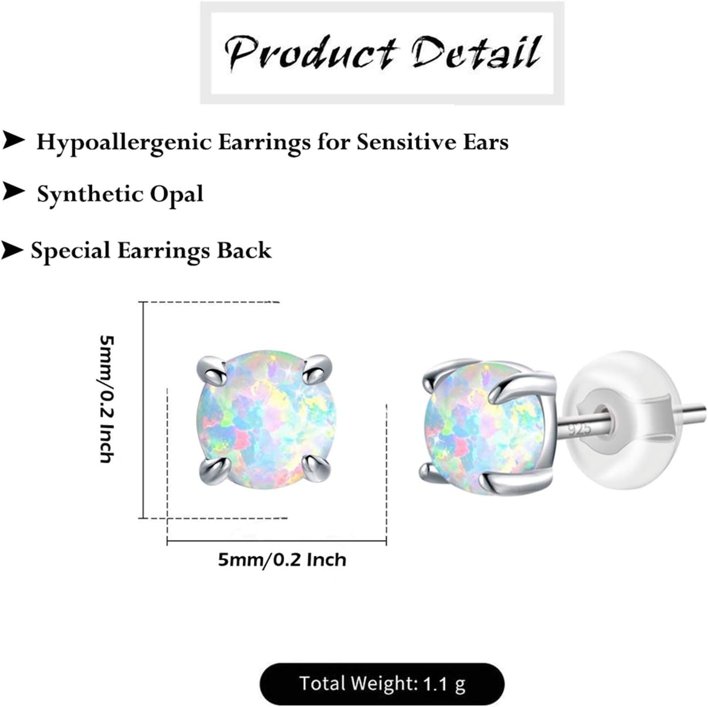 Sterling Silver - Opal Stone Screw Back Stud Earrings (5Mm/7Mm)