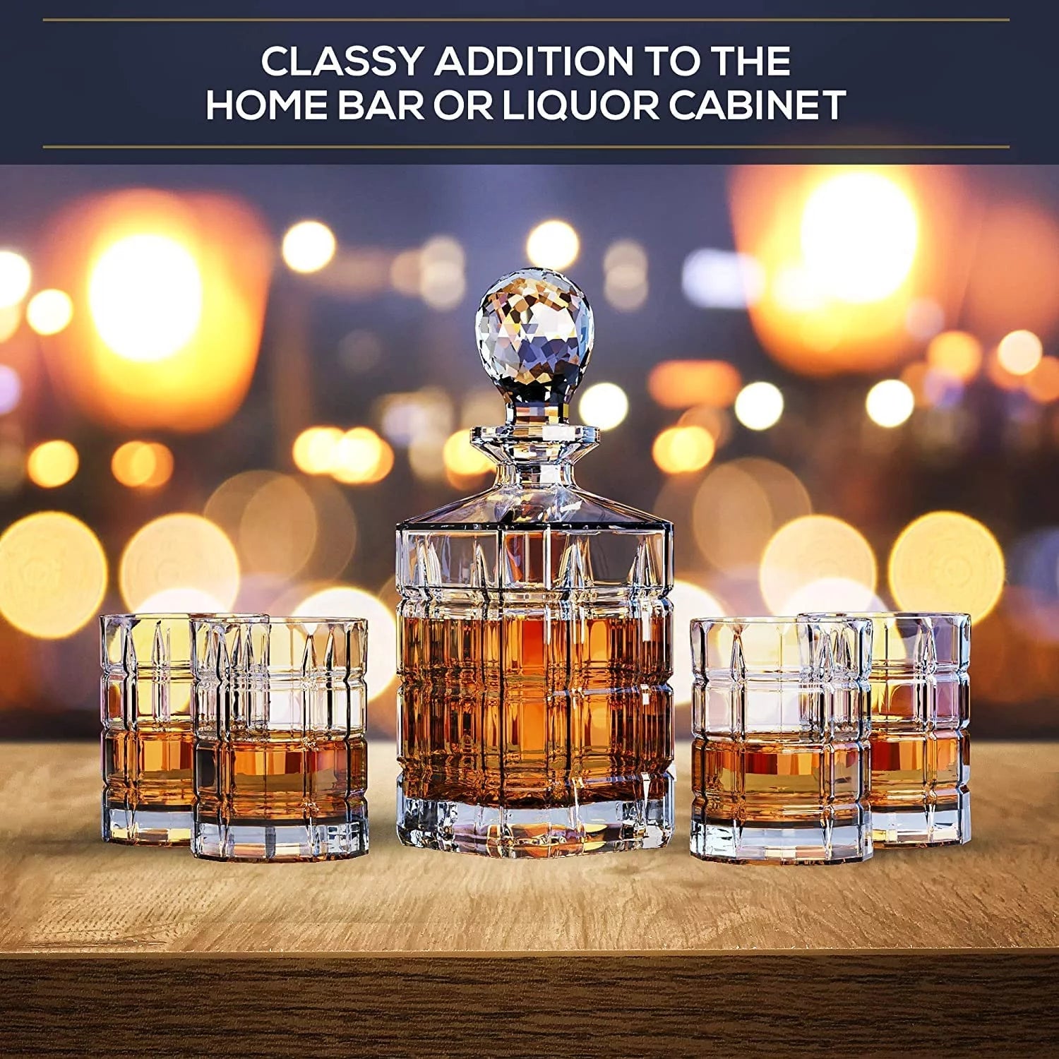 Regal Trunk & Co Whiskey Decanter Set, 4 Engraved Tumblers, Crystal, Gift Box, Polishing Cloth
