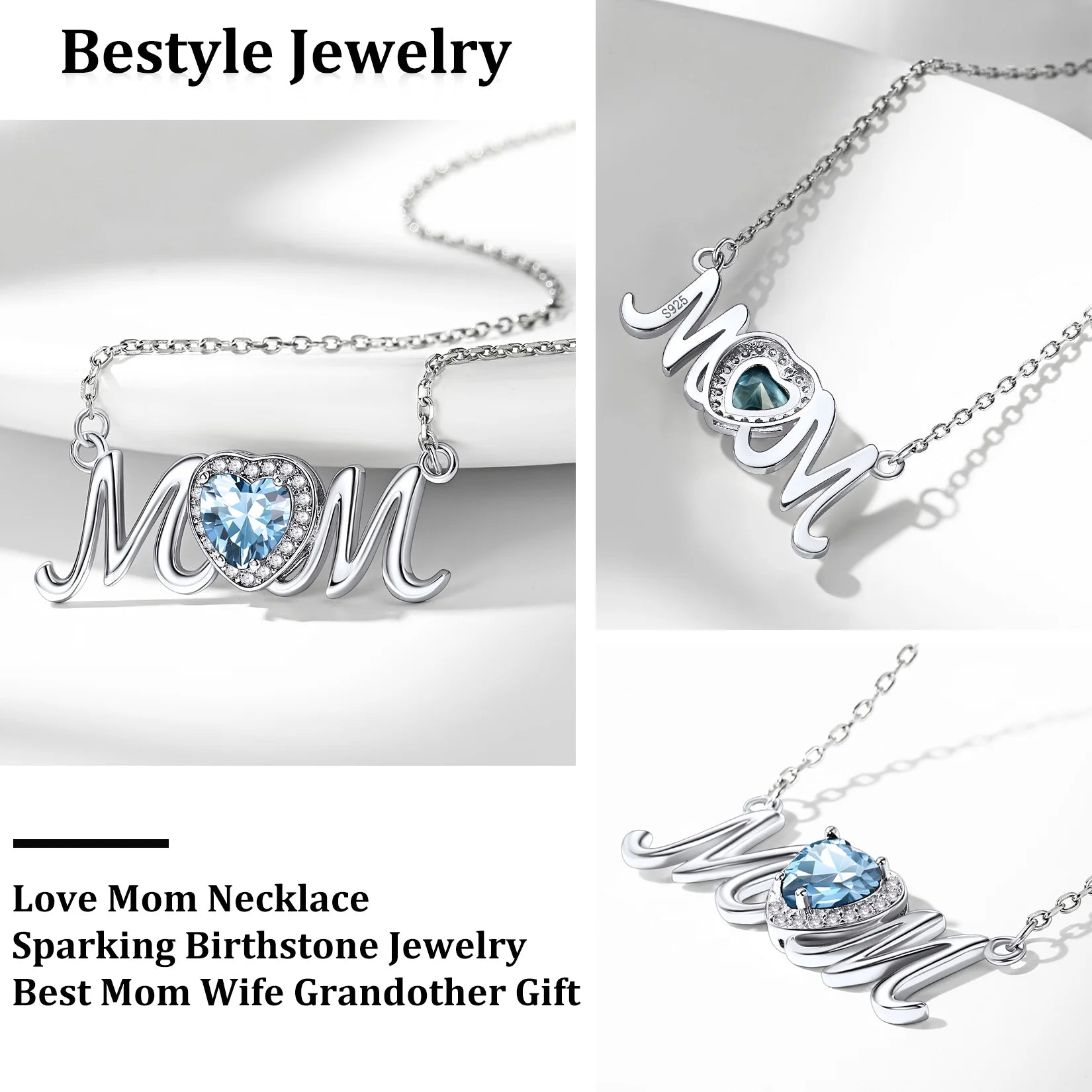 S925 Sterling Silver Necklace for Mom Grandma Shiny CZ Heart Pendant Necklace March Created Aquamarine Birthstone Jewelry Mother'S Day Gift