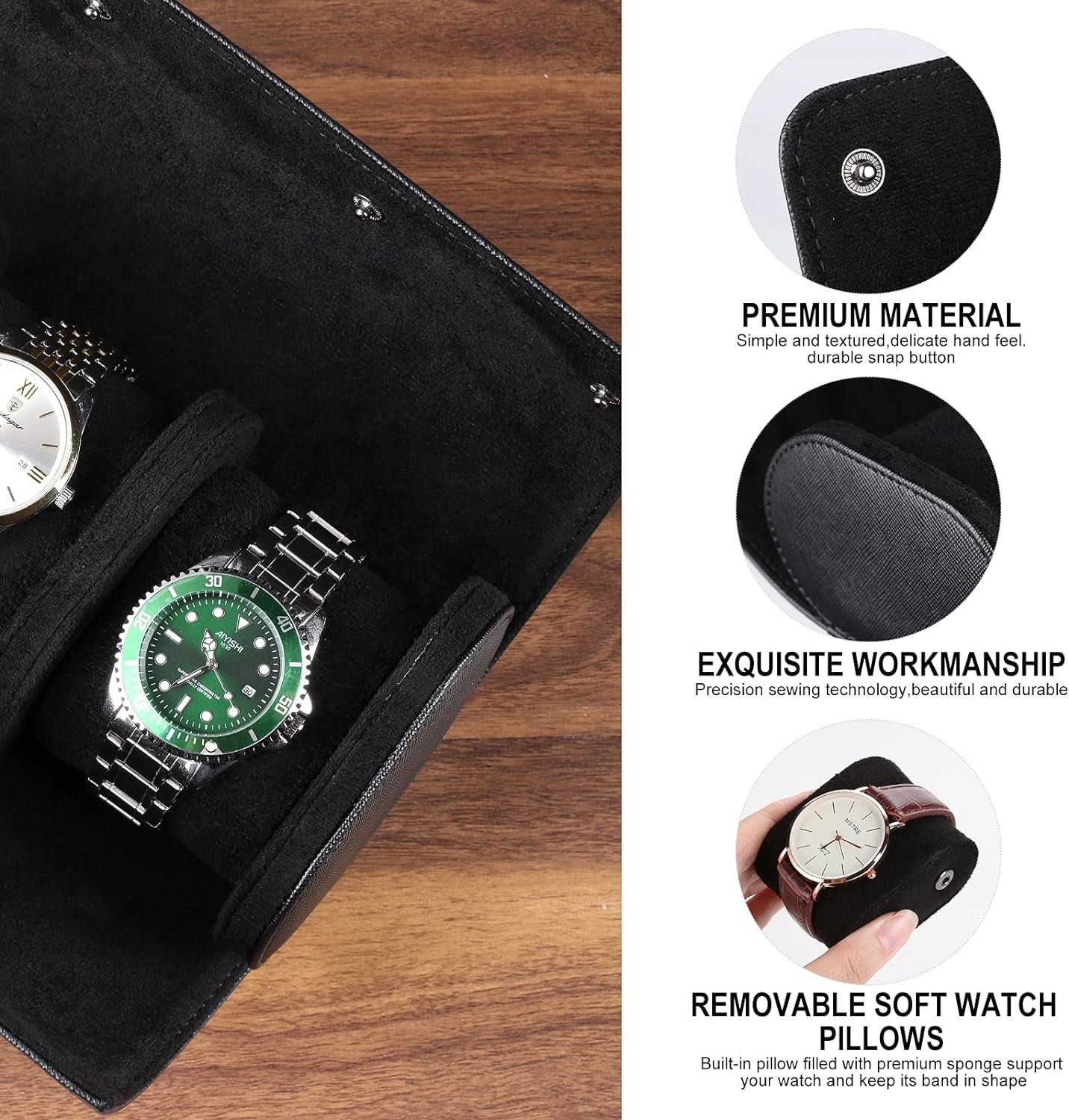 Watch Roll Travel Case for 3 Watch, Watch Case for Men and Women, Luxury Leather Portable Watch Case Roll Organizer for Home Storage, Travel and Display with WHITE BOX (Black, 3 Slot)