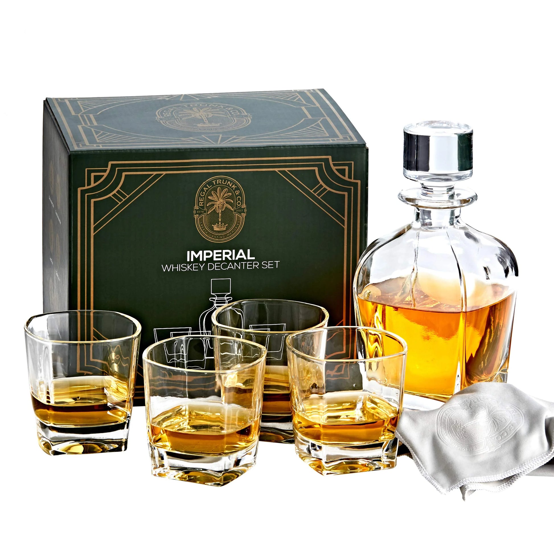 Regal Trunk & Co Whiskey Decanter Set, 4 Engraved Tumblers, Crystal, Gift Box, Polishing Cloth