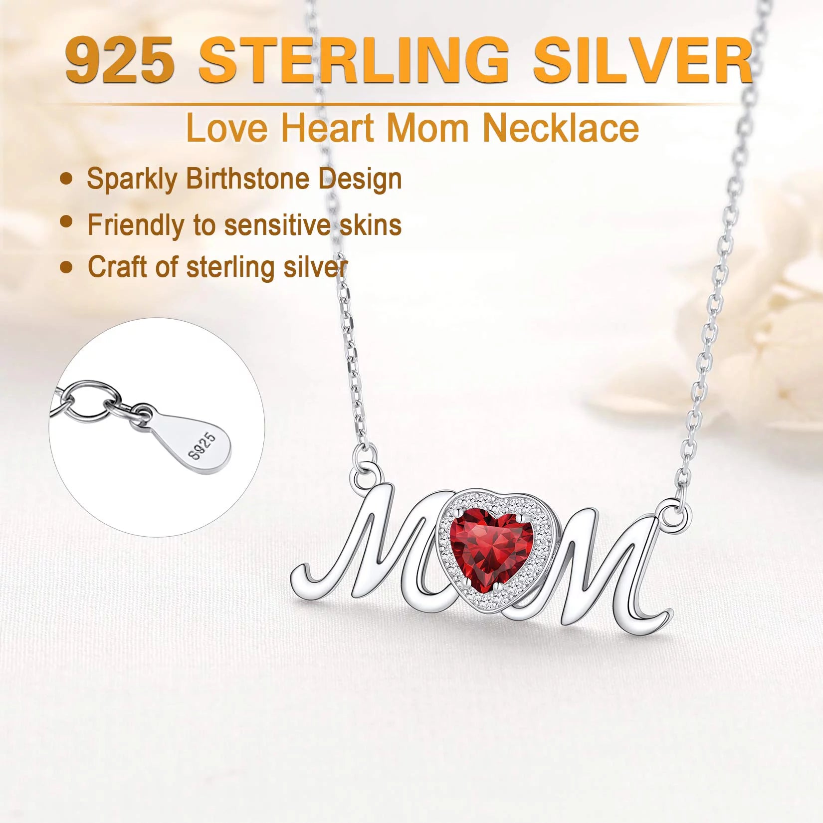 925 Sterling Silver Birthstone Love Heart Mom Necklace Jewelry for Women Mother'S Necklaces Choker Birthday Mothers Day Gift