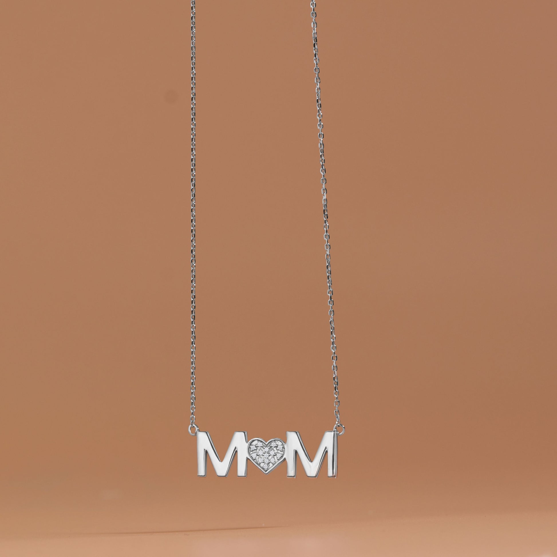MOM Pendant Necklace - Moissanite - April Birthstone in 18K White Gold over Silver