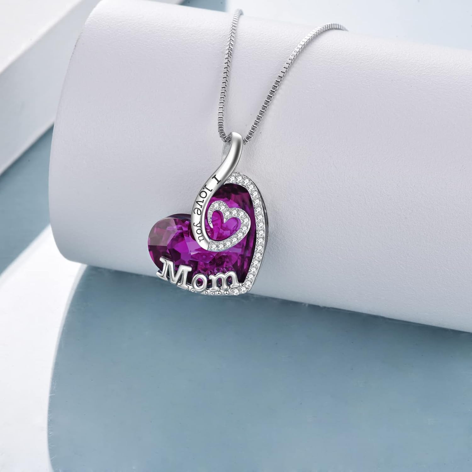 Gift for Mom Sterling Silver I Love You Mom Jewelry with Heart Crystal Birthday Gifts for Mom from Son Daughter