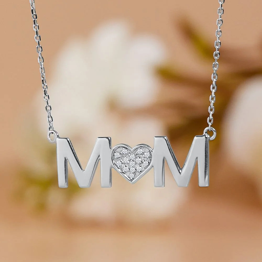 MOM Pendant Necklace - Moissanite - April Birthstone in 18K White Gold over Silver