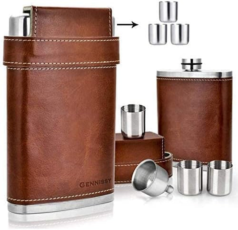 8Oz Hip Flask for Men - 304(18/8) Stainless Steel Bourbon Whiskey Flask, Leakproof with Brown Leather Wrap - Includes Funnel & 3 Mini Cups for Dad, Gifts, Travel