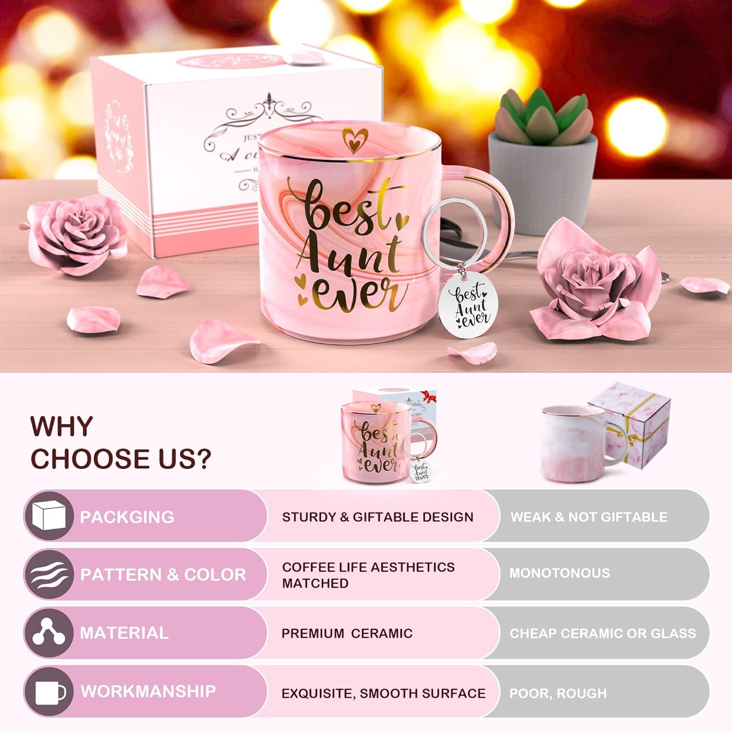 Aunt Gifts from Niece, Nephew - Pink Ceramic Marble Coffee Mug Cup 11.5Oz - Best Aunt Ever - Birthday Gift for Auntie - BAE Novelty Present for Christmas, Thanksgiving or Any Occasions