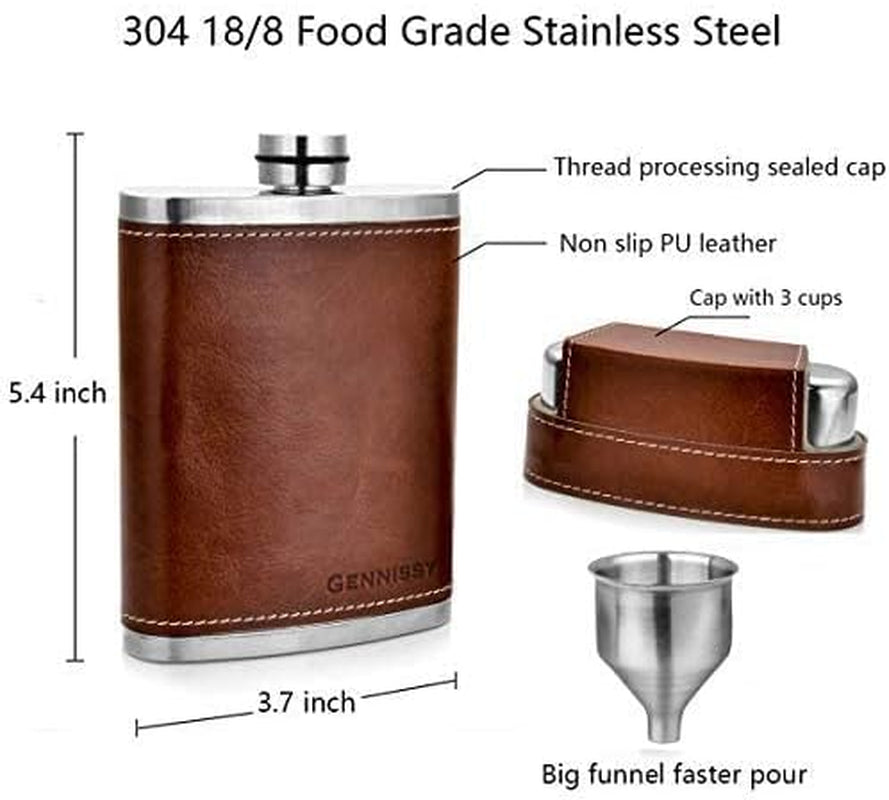 8Oz Hip Flask for Men - 304(18/8) Stainless Steel Bourbon Whiskey Flask, Leakproof with Brown Leather Wrap - Includes Funnel & 3 Mini Cups for Dad, Gifts, Travel