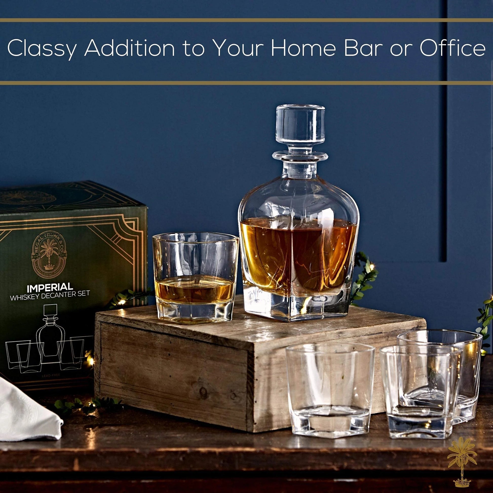 Regal Trunk & Co Whiskey Decanter Set, 4 Engraved Tumblers, Crystal, Gift Box, Polishing Cloth