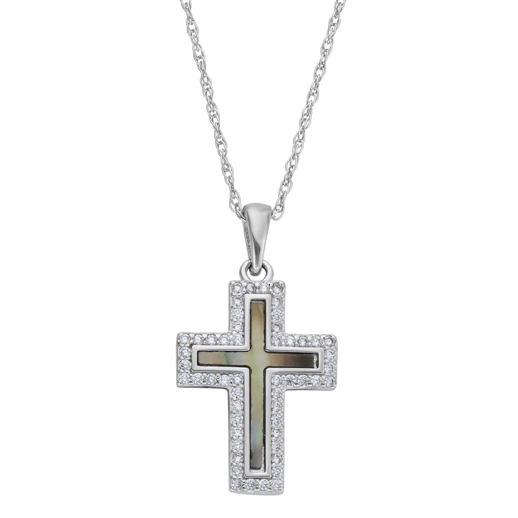 Simulated Diamonds & Mother of Pearl Cross Pendant in Sterling Silver