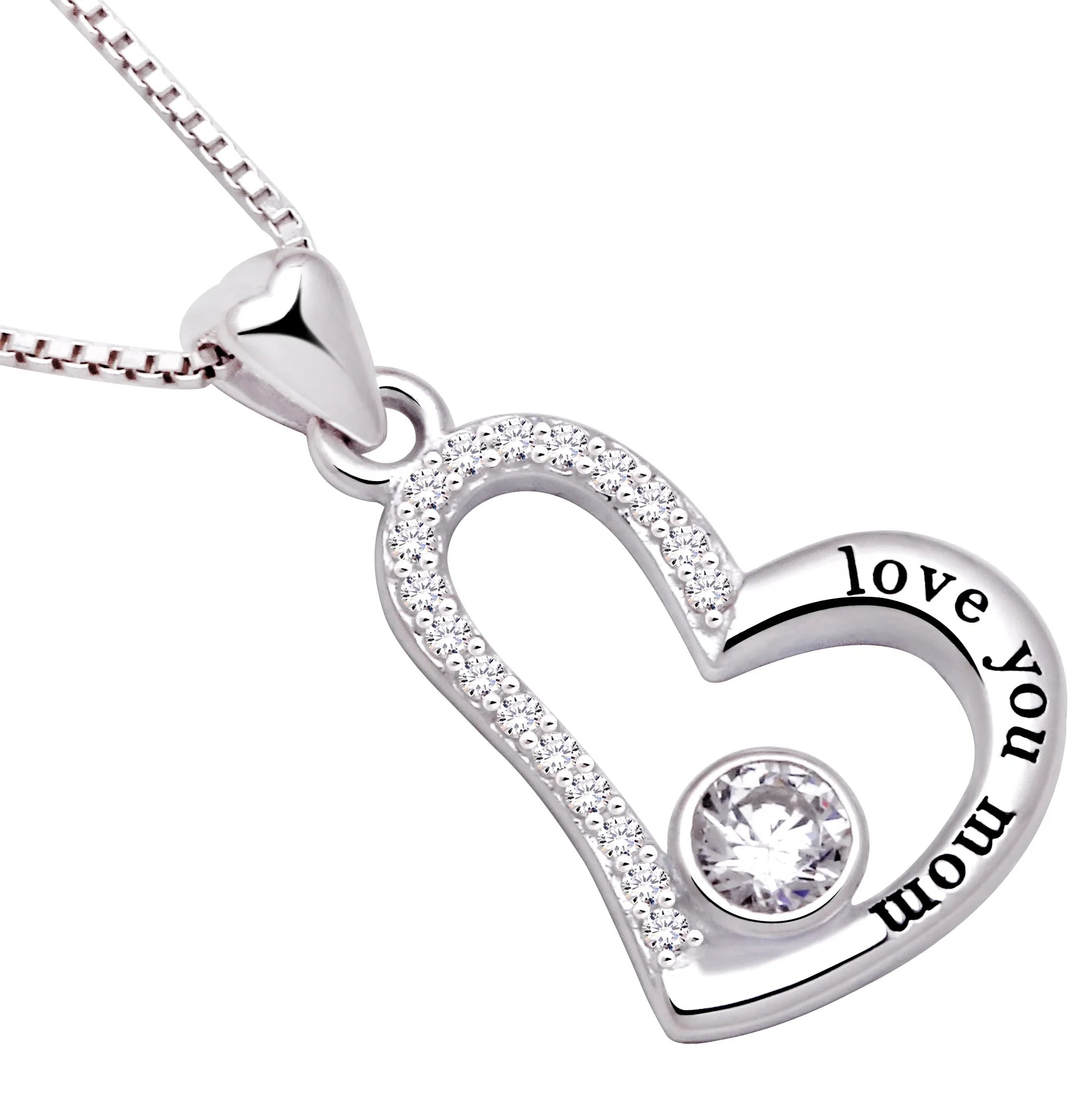 Jewelry Sterling Silver Love You Mom Love Heart Cubic Zirconia Mother Pendant Necklace