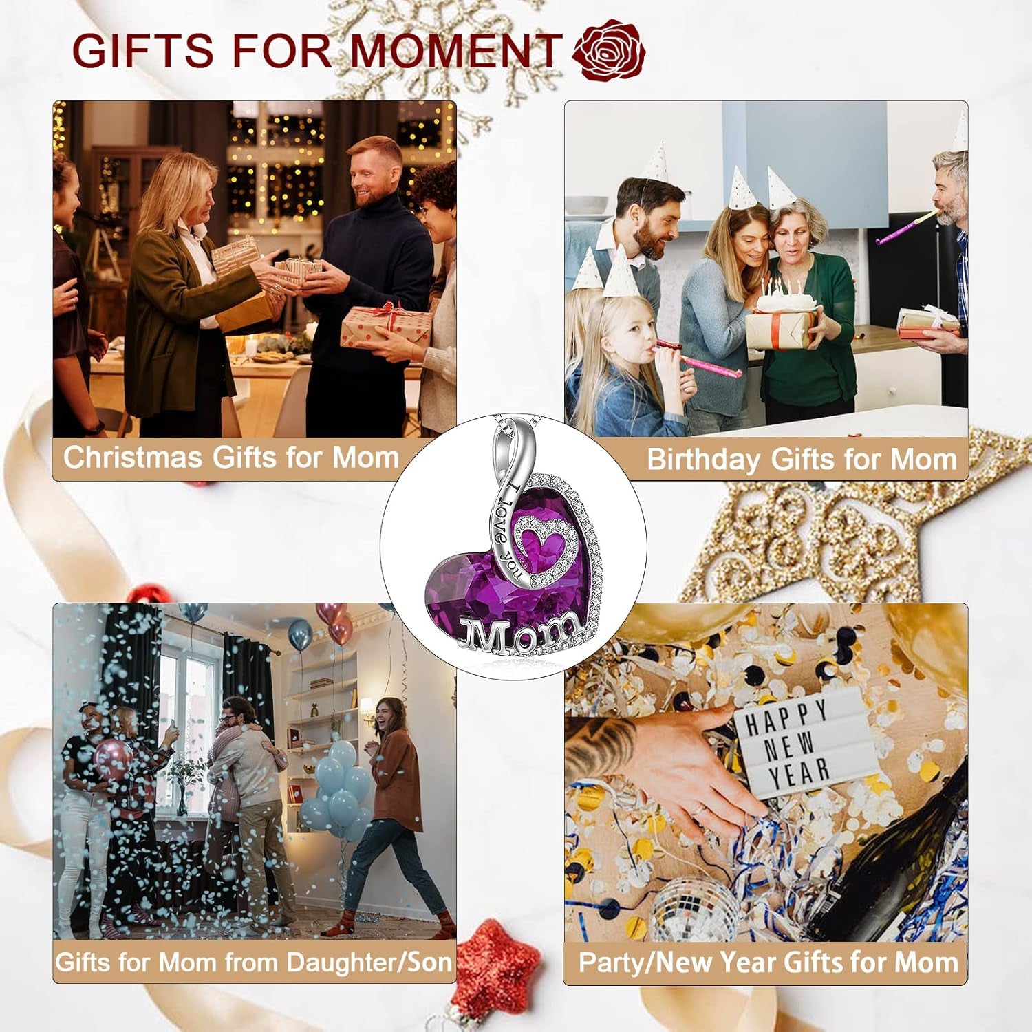 Gift for Mom Sterling Silver I Love You Mom Jewelry with Heart Crystal Birthday Gifts for Mom from Son Daughter