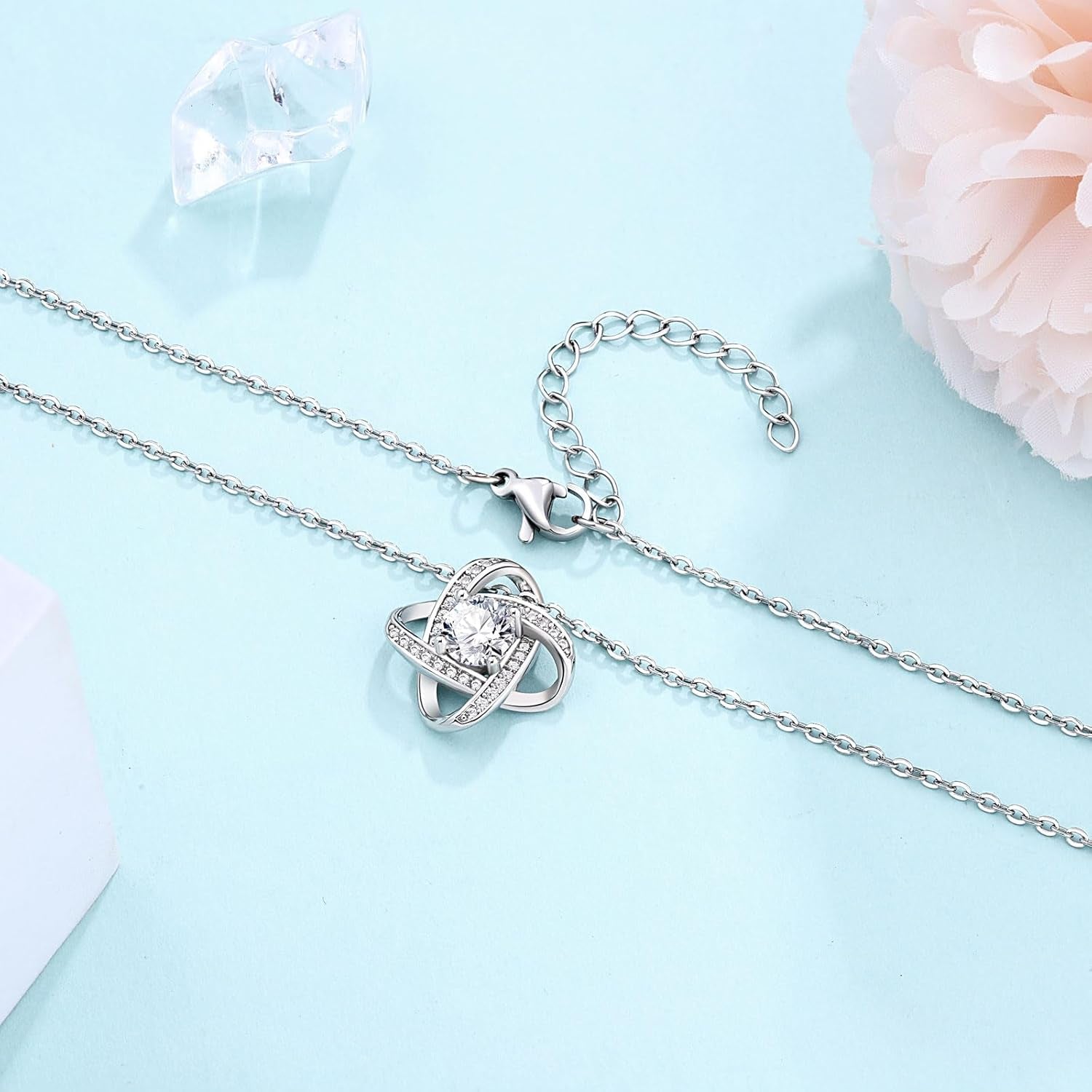 Silver Love Knot Necklace for Women, Mothers Day Wedding Valentines Christmas Birthday Gifts