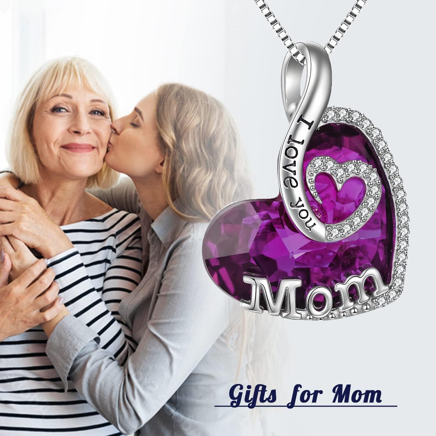 Gift for Mom Sterling Silver I Love You Mom Jewelry with Heart Crystal Birthday Gifts for Mom from Son Daughter