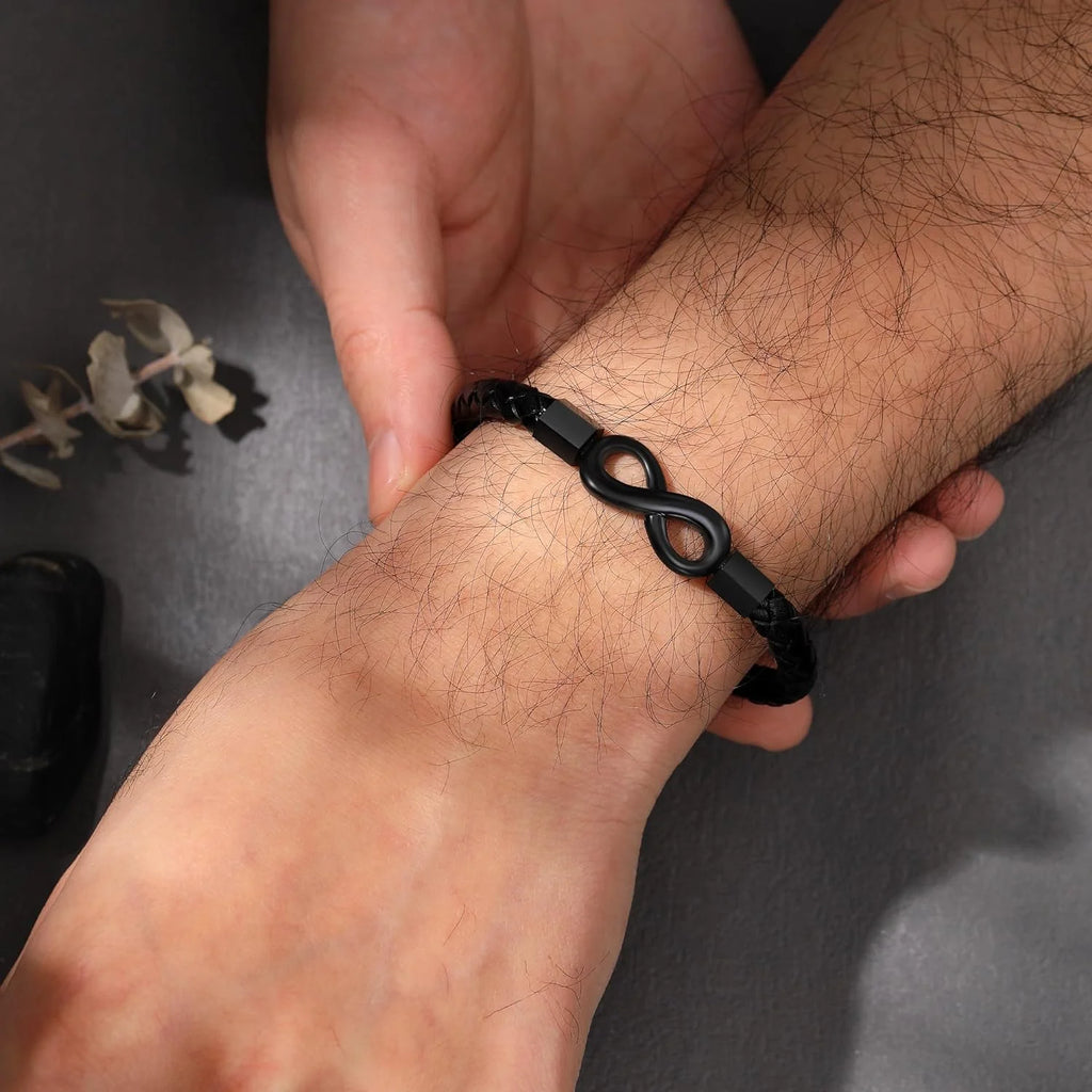 Leather Bracelet for Men Teen Boy Gifts to My Son Bracelet from Mom Fathers Day Bracelet Gifts for Dad Grandpa Love You Forever Engraved Husband Birthday Gift Ideas Infinity Knot Jewelry