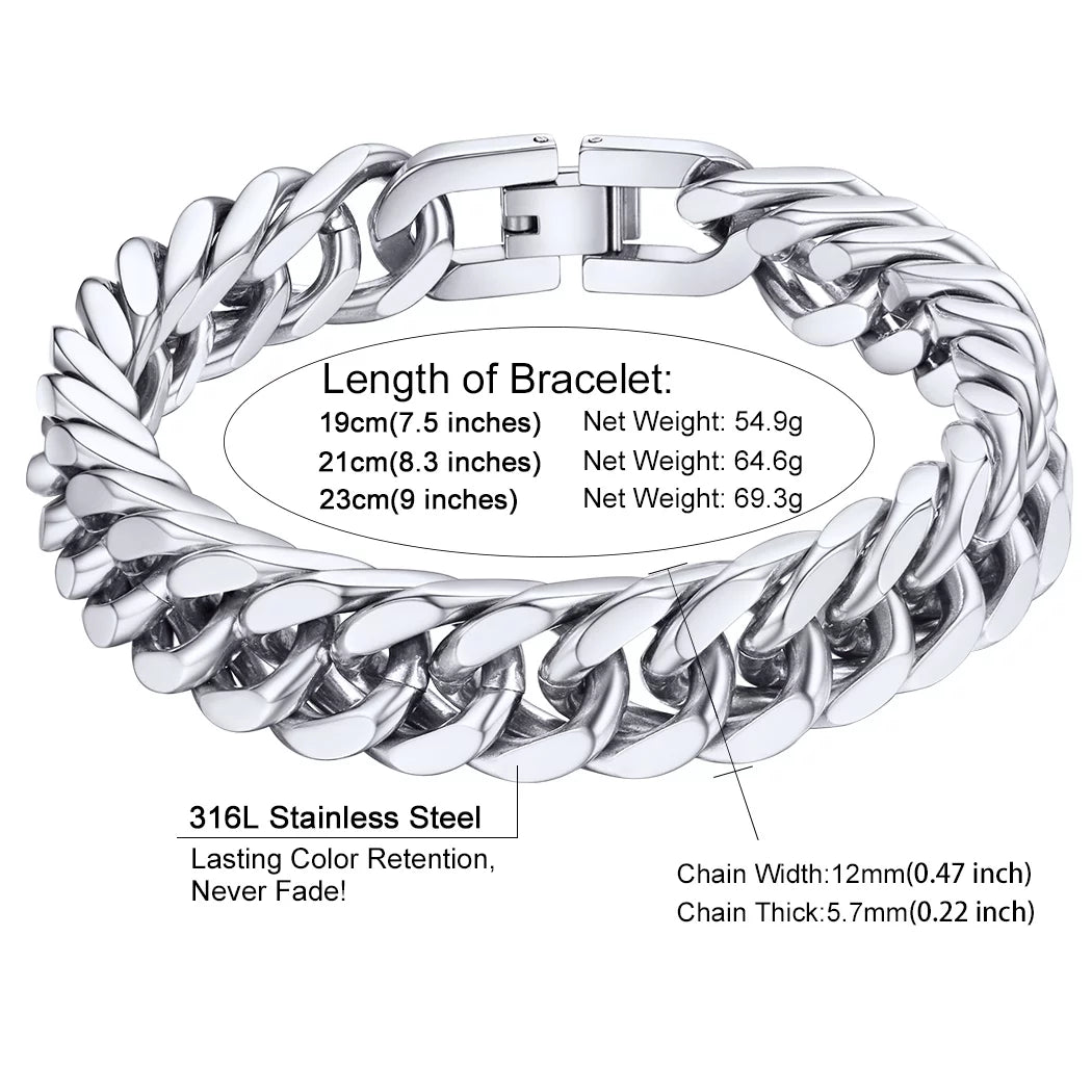 12Mm Mens Silver Cuban Chains Bracelets Chunky Stainless Steel Franco Link Bracelet for Boys Fashion Hand Bracelet Christmas Gift, 21Cm/8.3"
