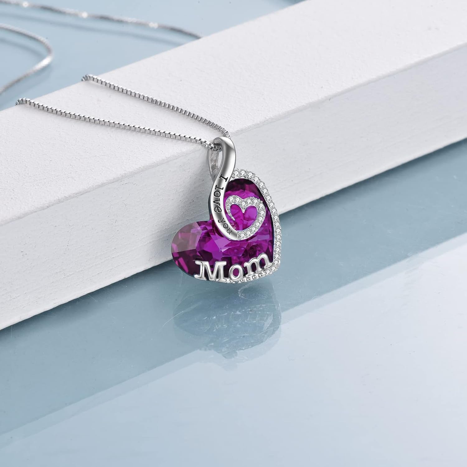 Gift for Mom Sterling Silver I Love You Mom Jewelry with Heart Crystal Birthday Gifts for Mom from Son Daughter