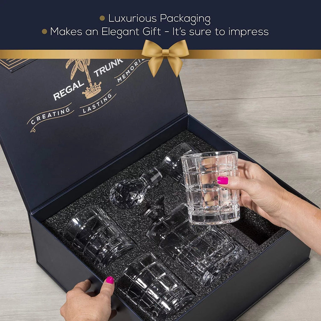 Regal Trunk & Co Whiskey Decanter Set, 4 Engraved Tumblers, Crystal, Gift Box, Polishing Cloth